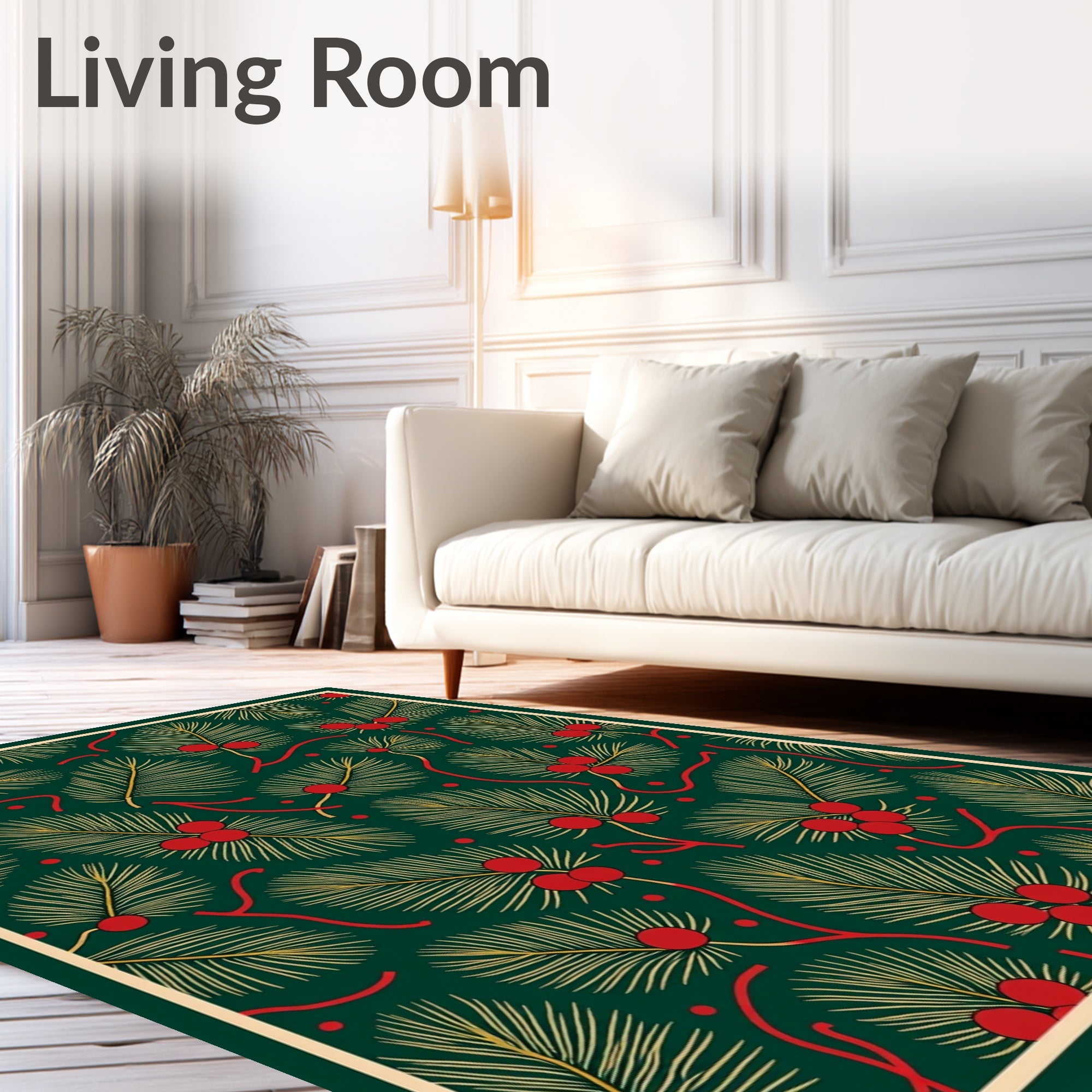Festive Green Pine Berry Sprigs Rug