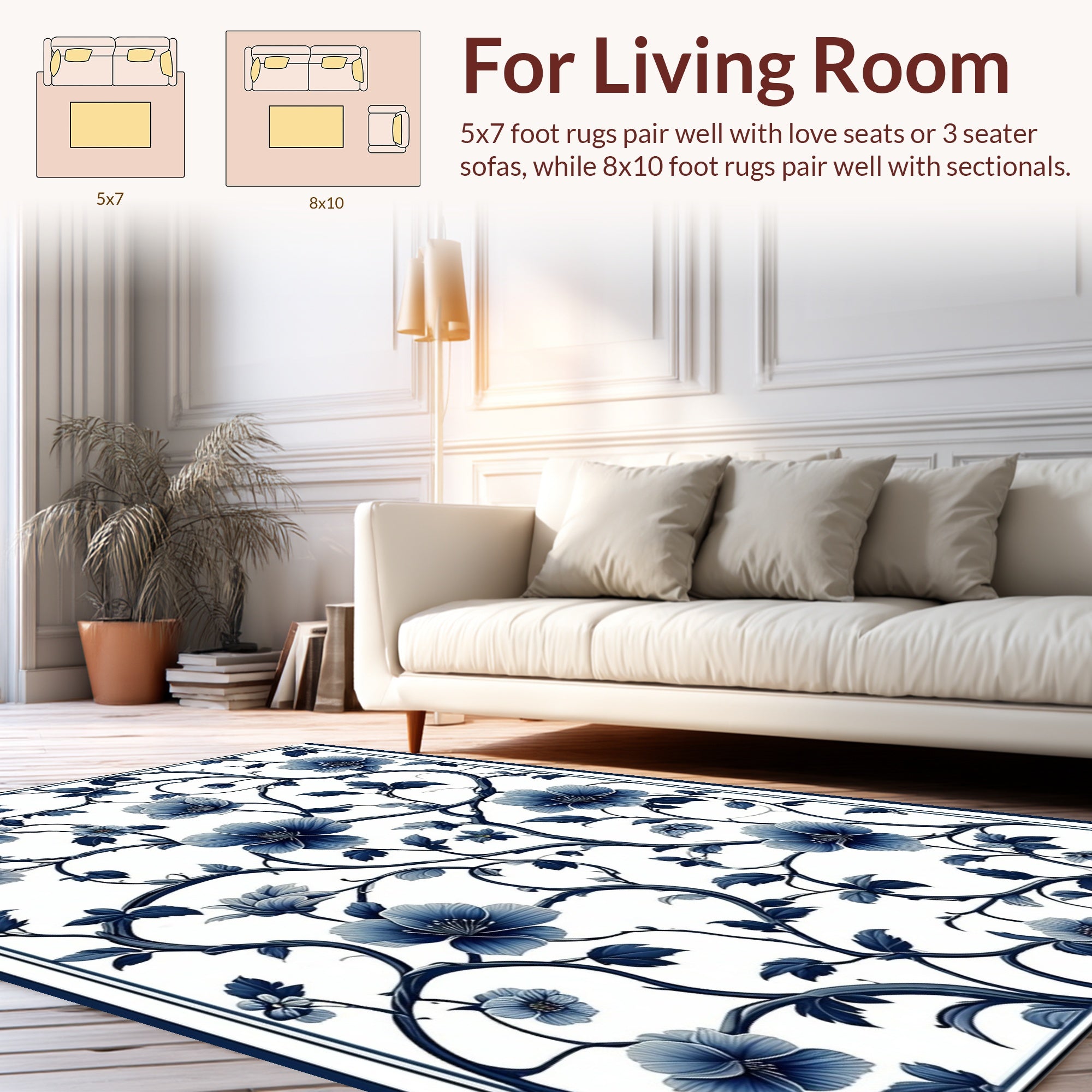 Blue Botanical Vine Floral Pattern Rug
