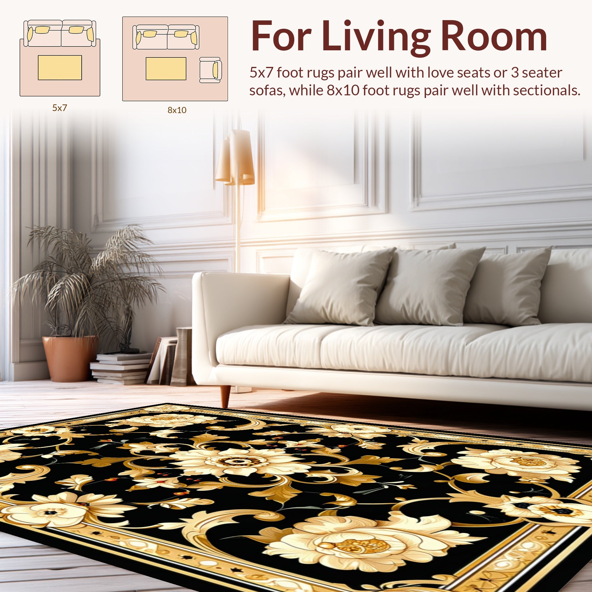 Ornate Gold Flower Patterned Rug