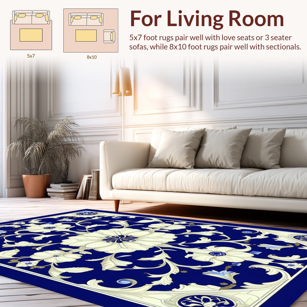 Cream Floral Cream Accents Dark Blue Rug