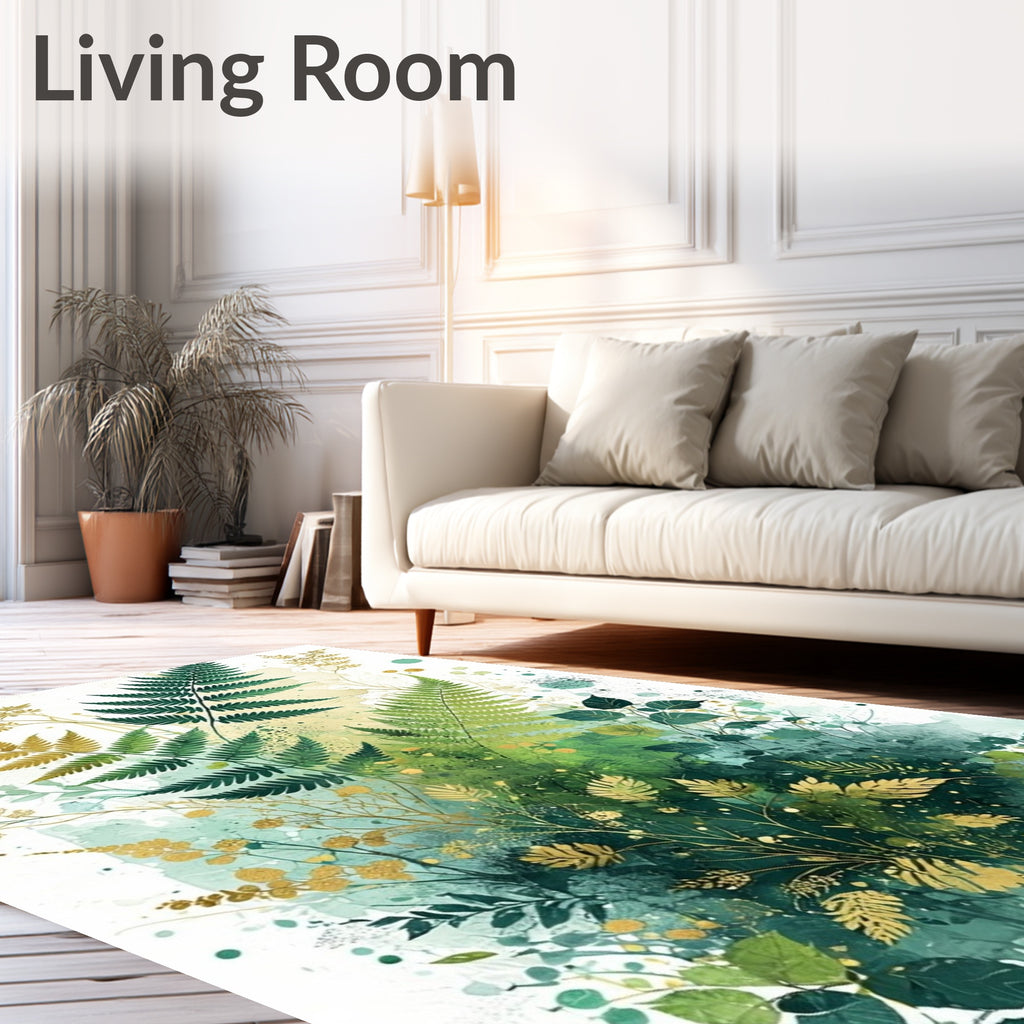 Lush Green Gold Fern Botanical Watercolor Rug
