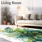 Lush Green Gold Fern Botanical Watercolor Rug