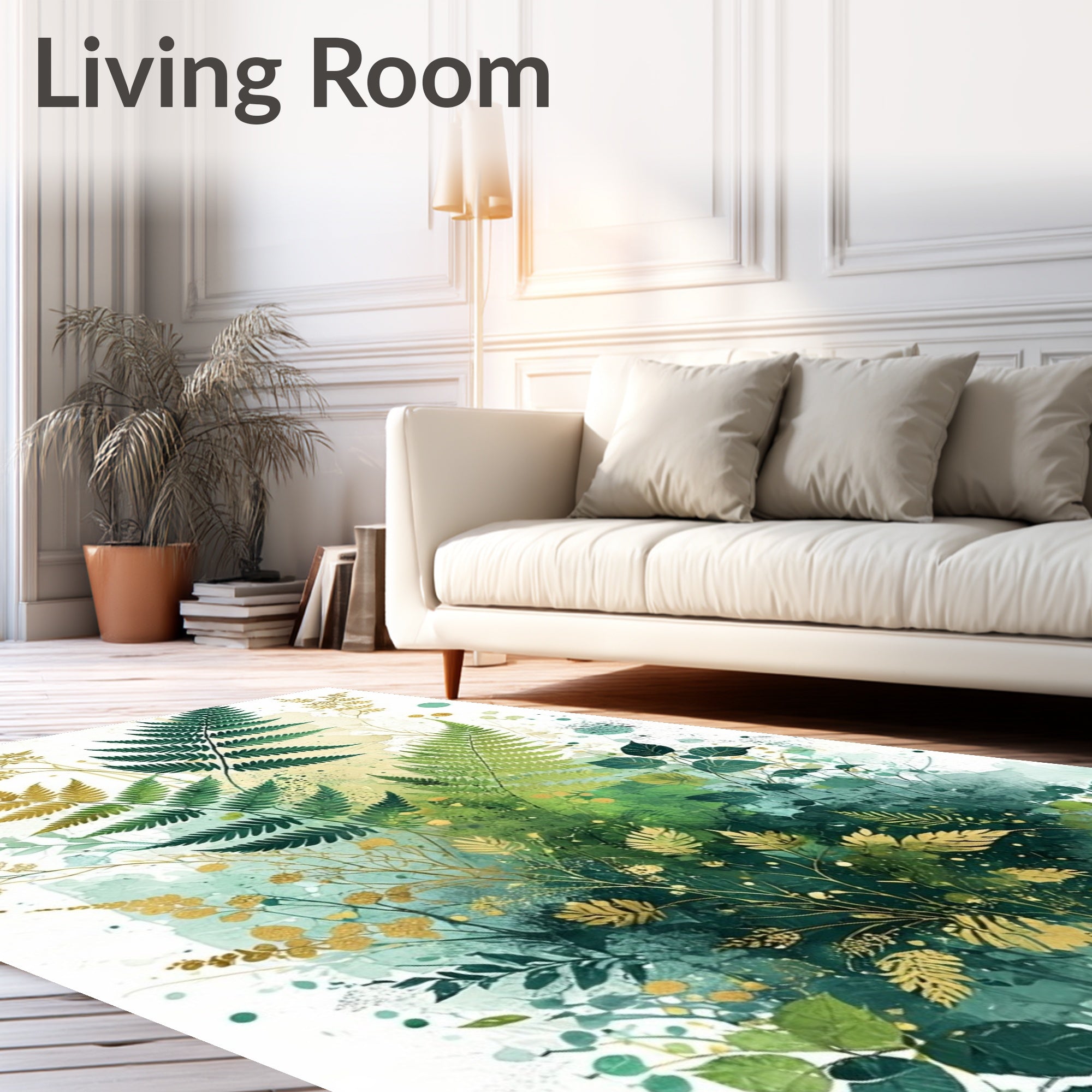 Lush Green Gold Fern Botanical Watercolor Rug