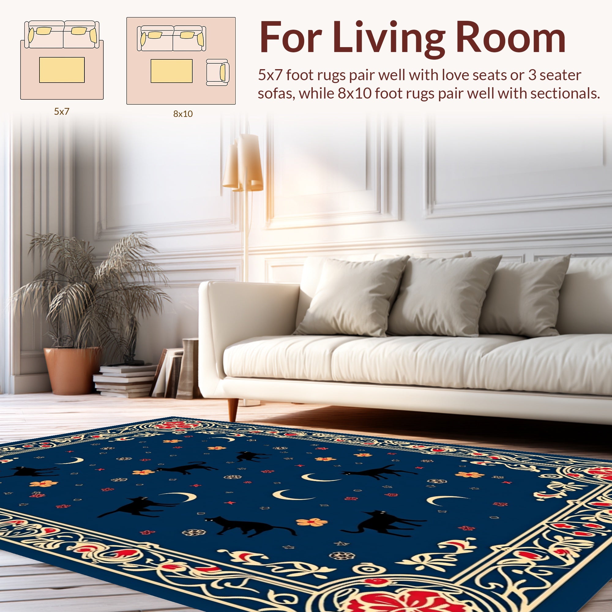 Midnight Feline Crescent Moon Floral Rug