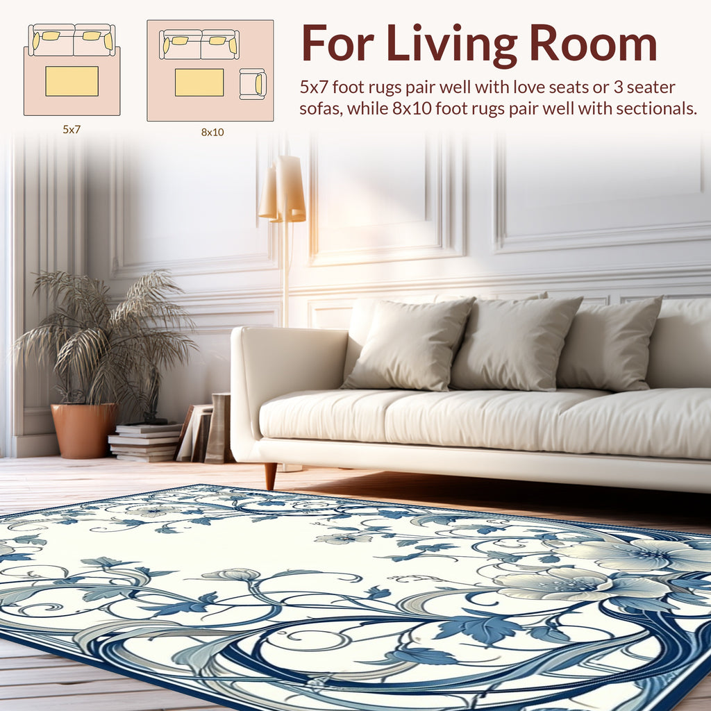 Elegant Blue Floral Vine Scroll Design Rug