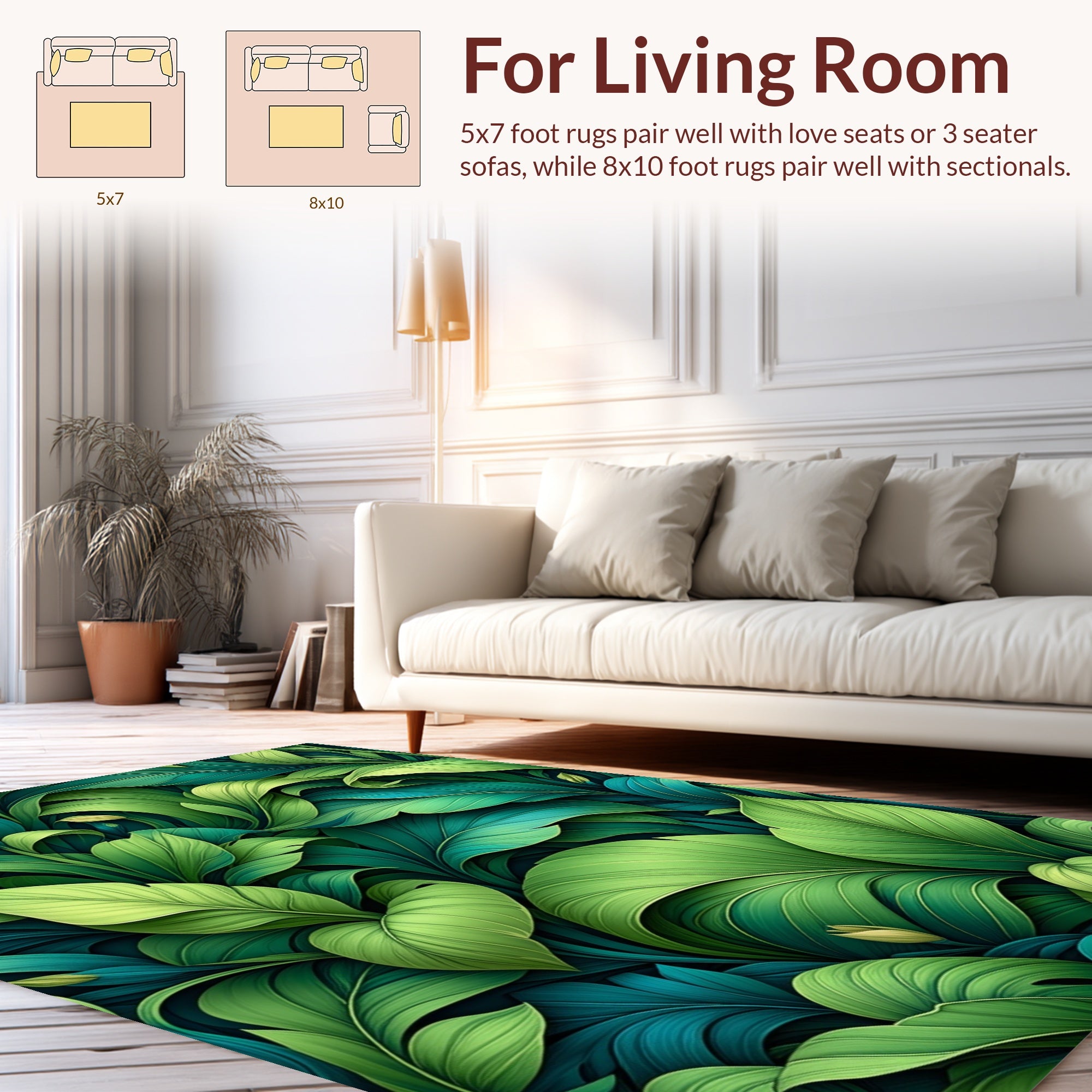 Lush Green Tropical Leaf Pattern Rug