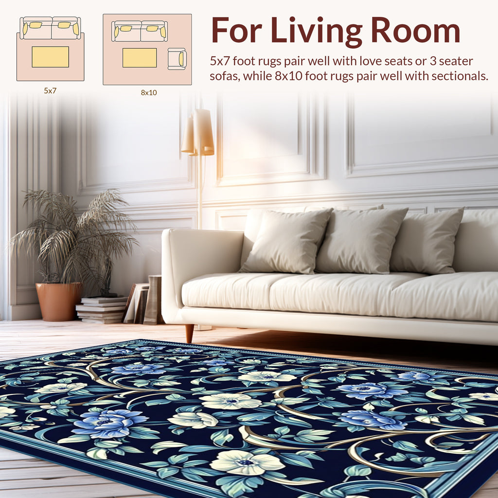 Midnight Blue Floral Scroll Design Rug