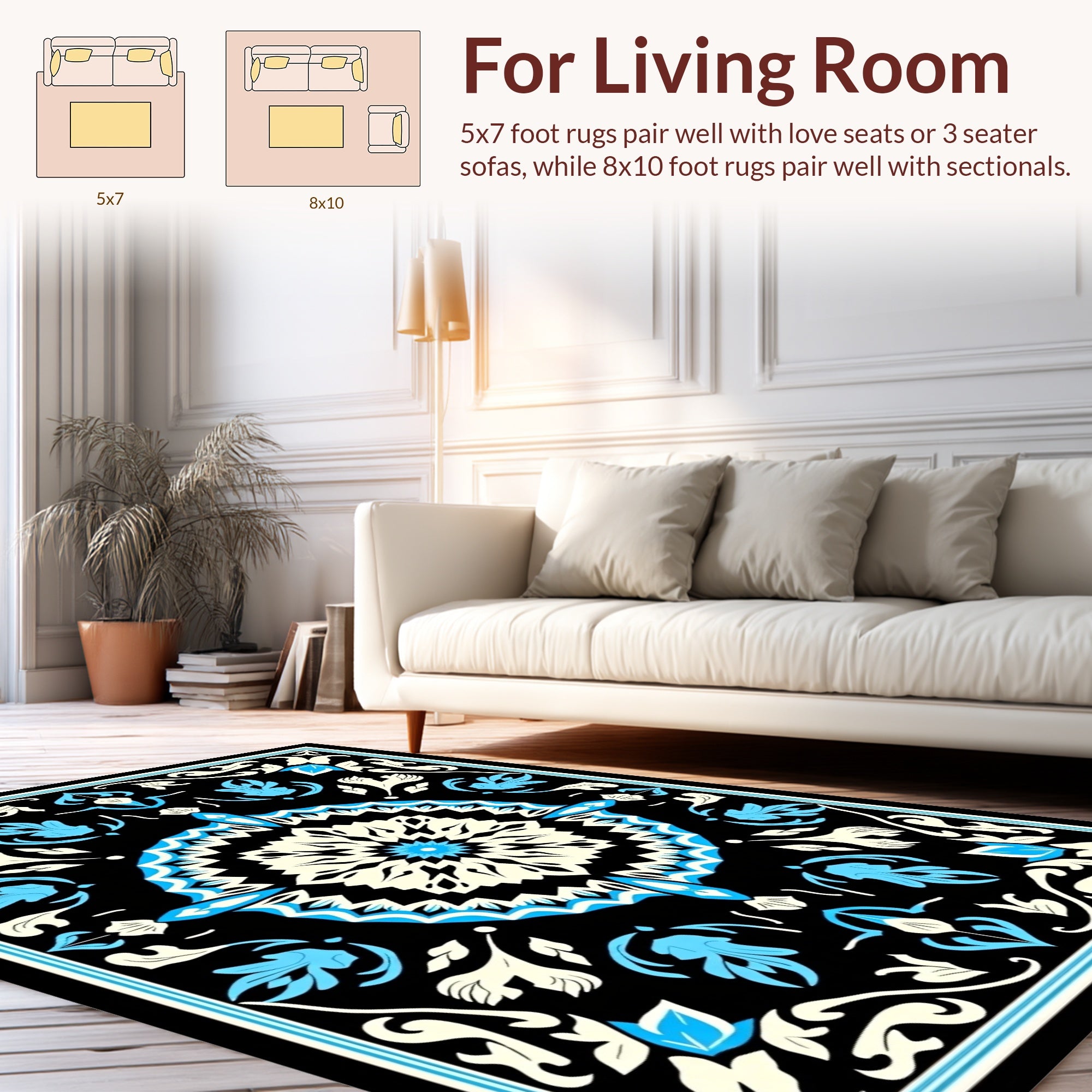 Black Cream Aqua Floral Mandala Pattern Rug