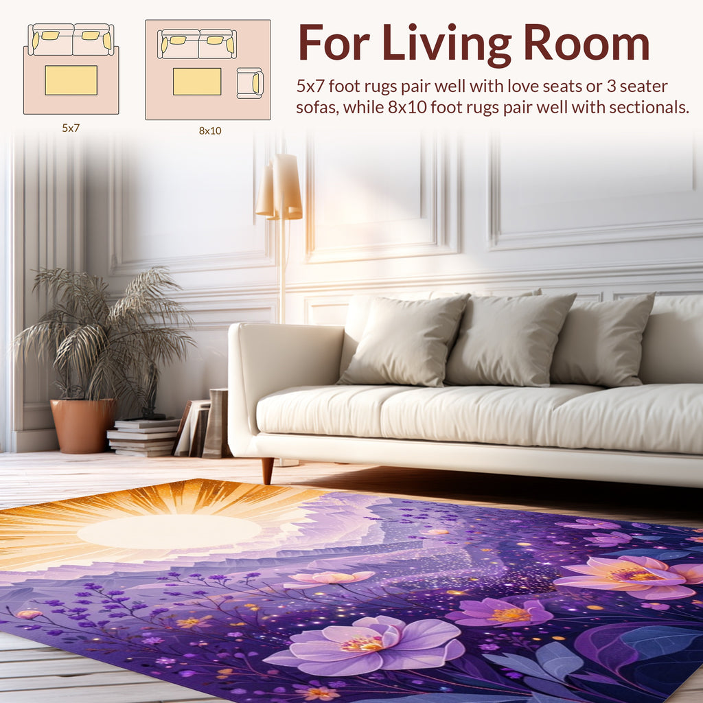 Enchanting Floral Mountainscape With Sun Rug