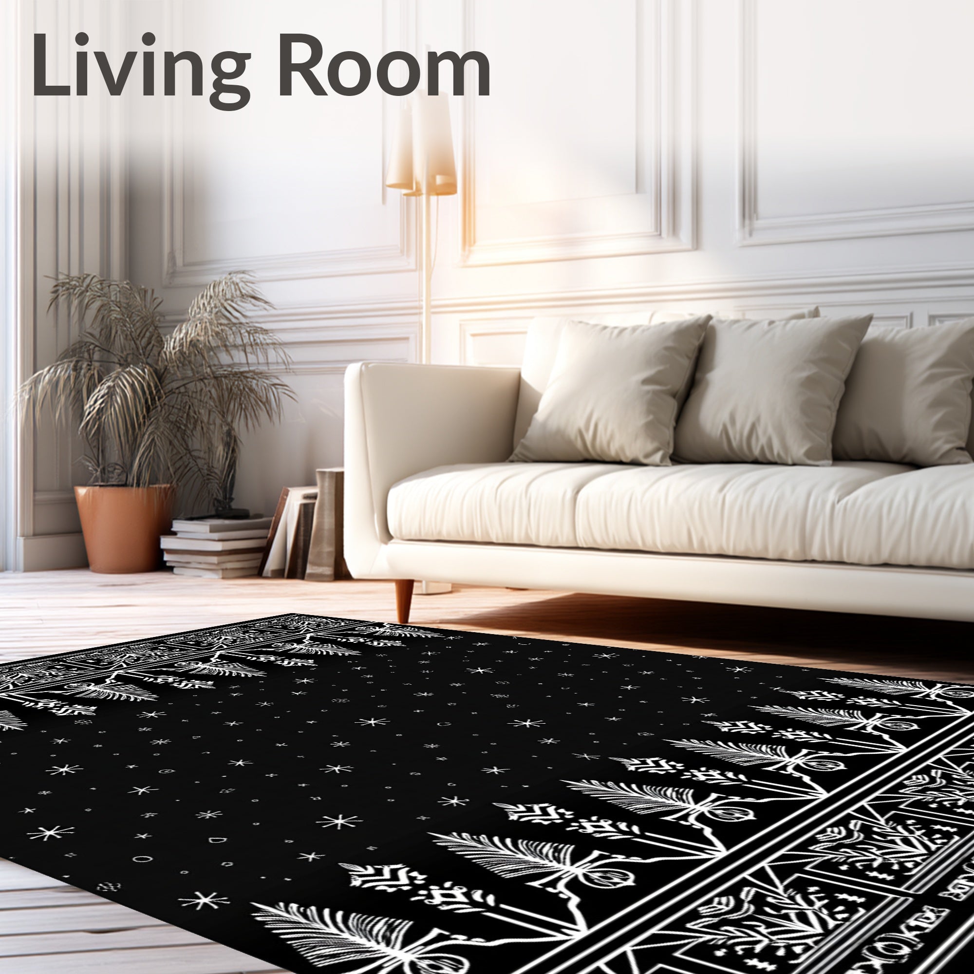 Black White Folk Art Snowflakes Rug