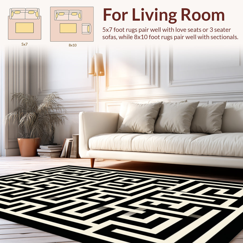 Black and Cream Geometric Maze Rug