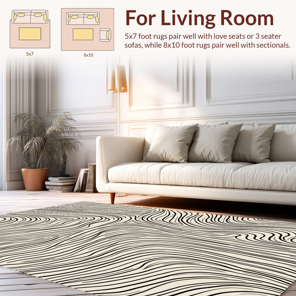 Flowing Abstract Black Beige Lines Rug