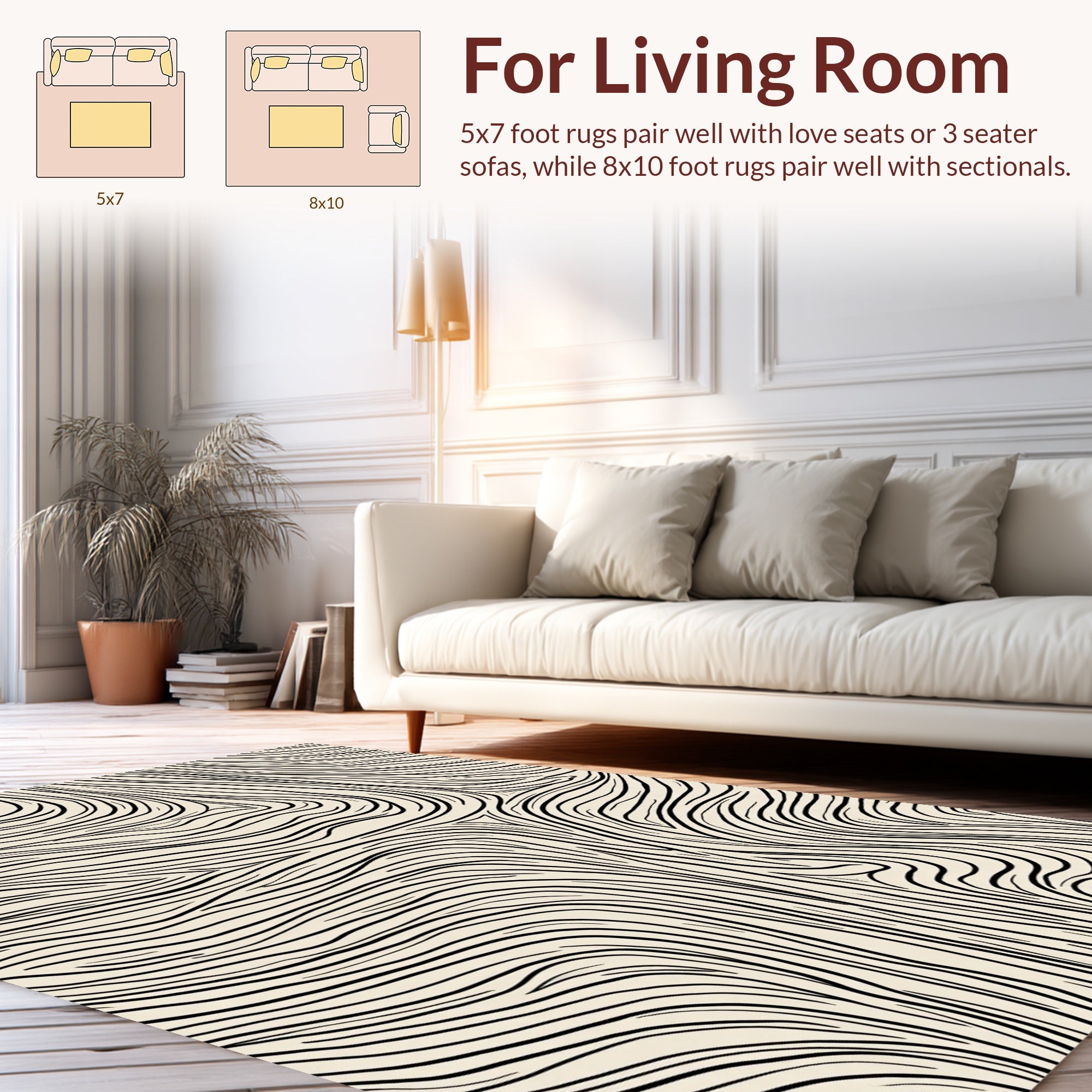 Flowing Abstract Black Beige Lines Rug