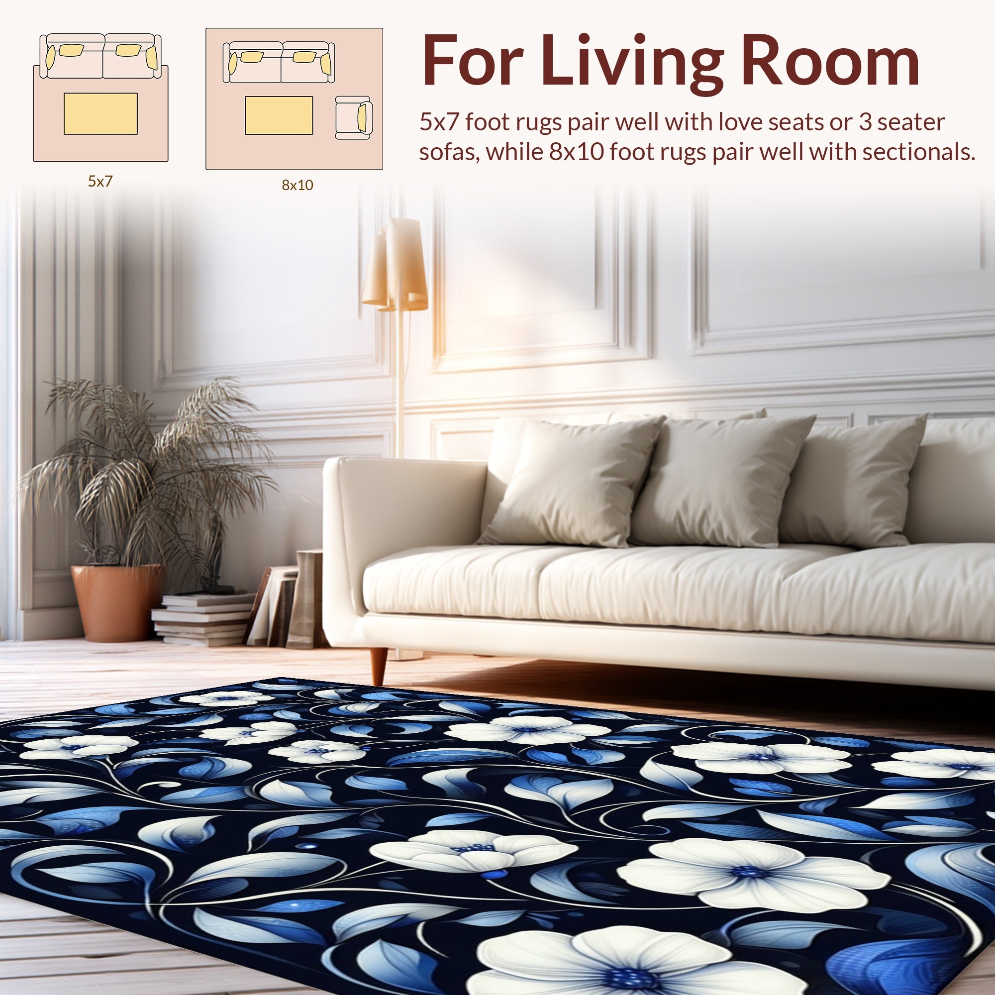 Elegant White Blue Floral Vines Rug