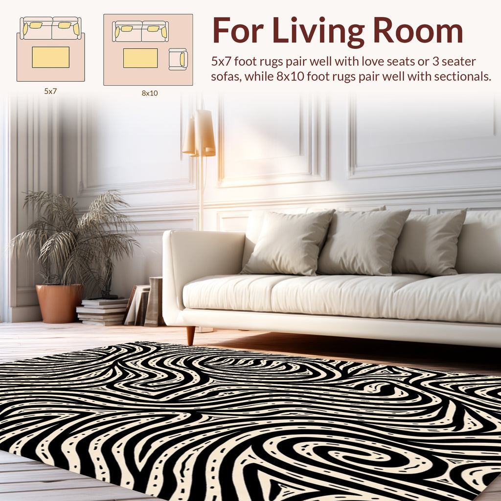 Abstract Black Cream Swirl Pattern Rug