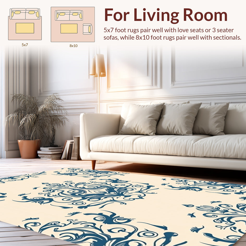 Classic Navy Blue Floral Damask Rug