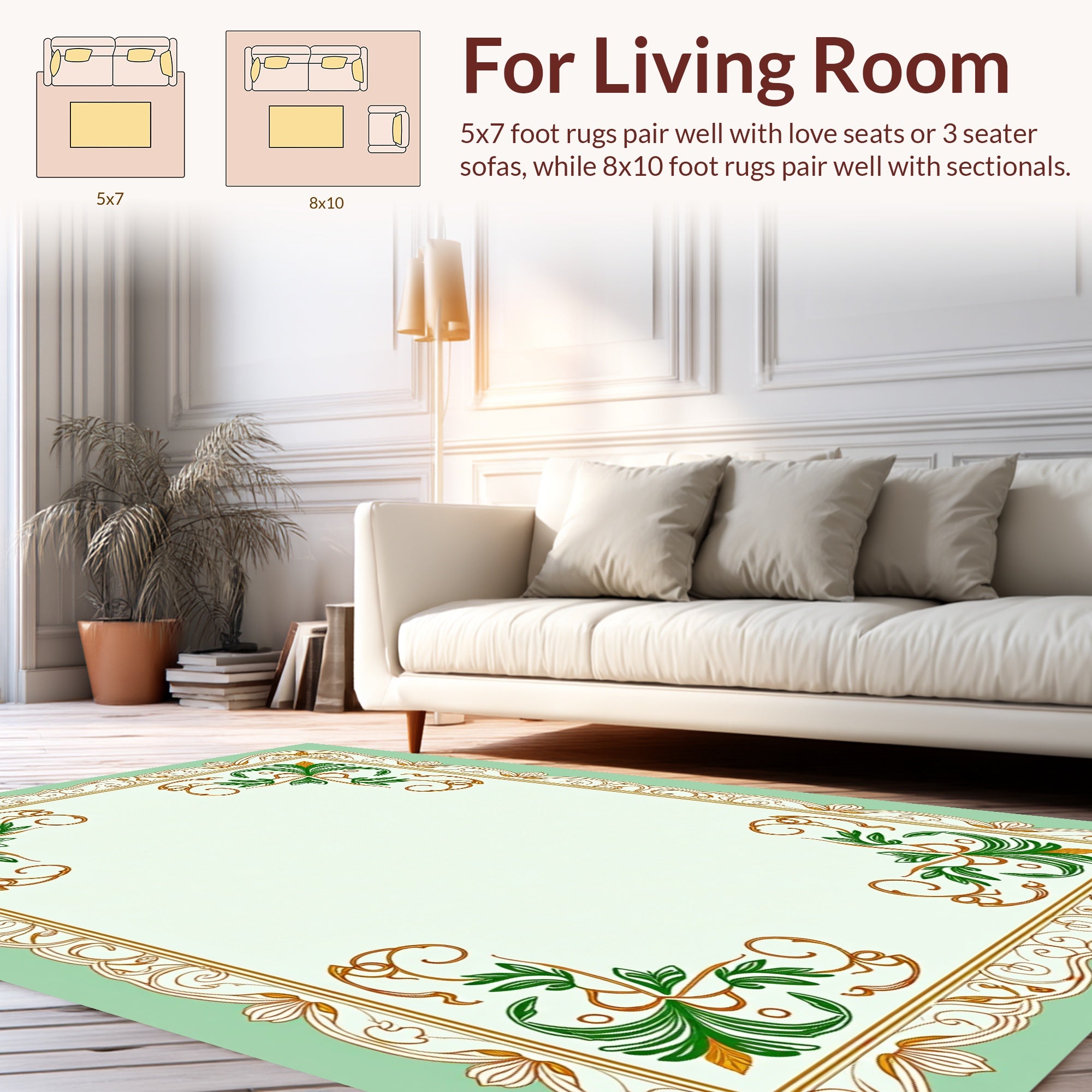 Elegant Green and Gold Floral Frame Rug