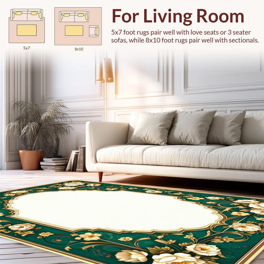 Elegant Emerald White Floral Scroll Rug