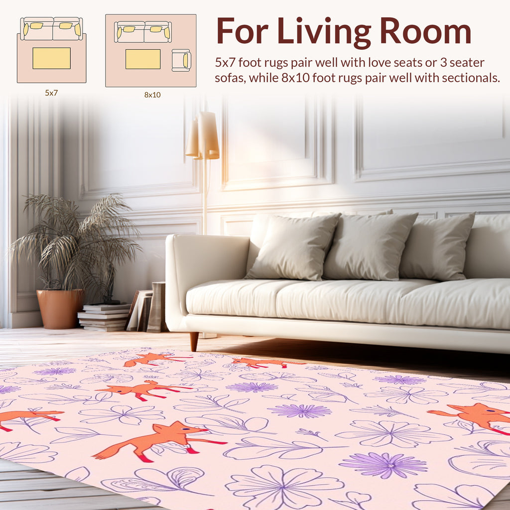 Playful Fox and Floral Pattern Rug
