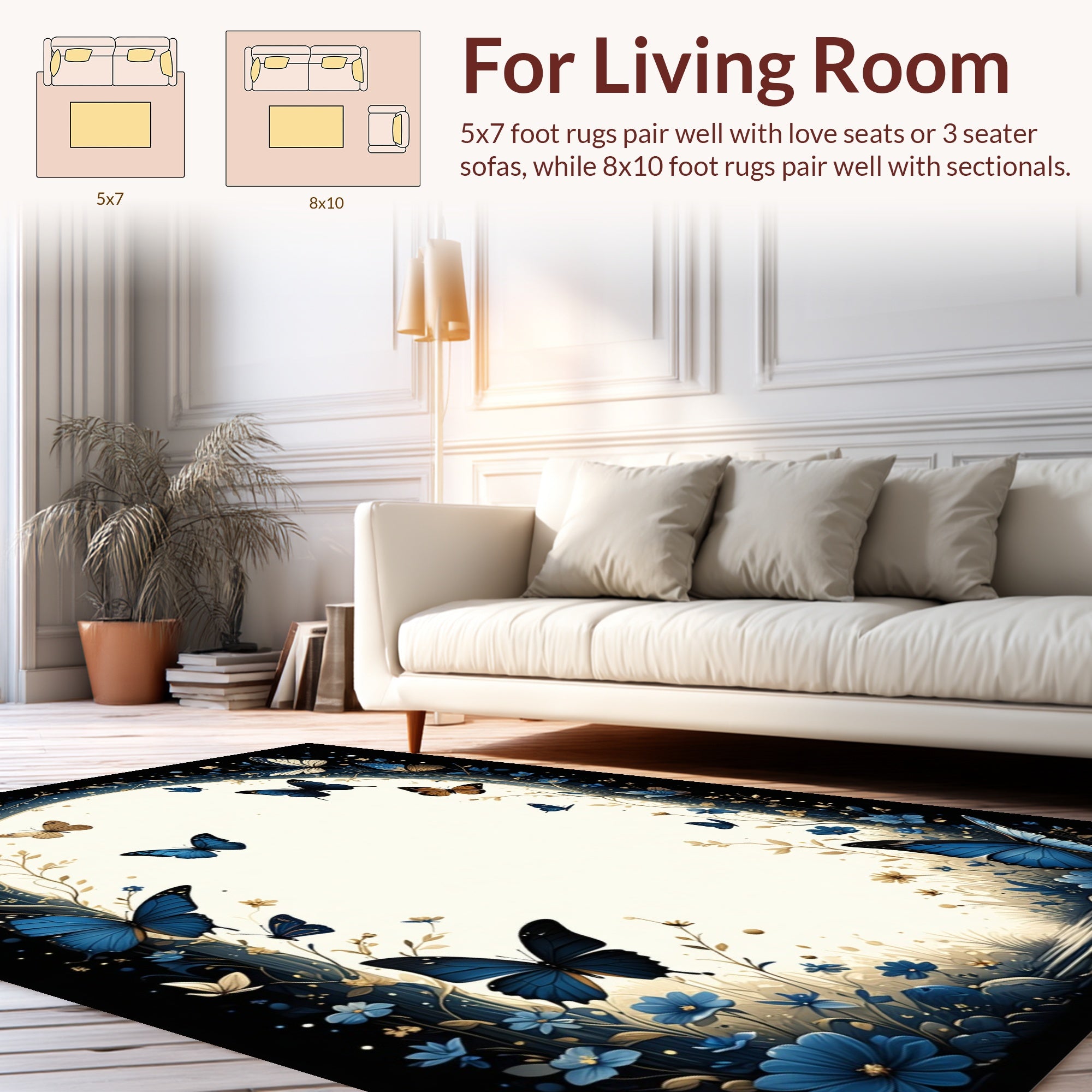 Enchanting Blue Butterfly Floral Garden Rug