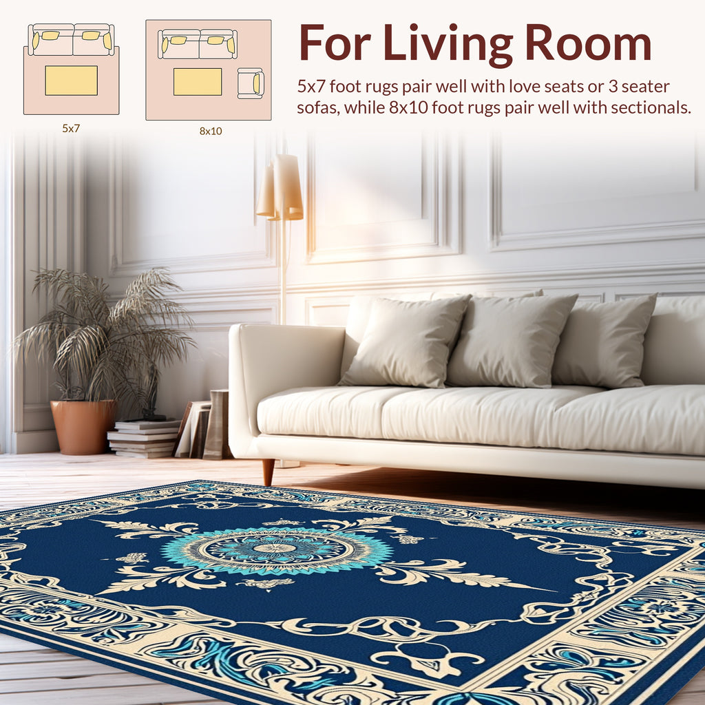 Floral Medallion Bordered Deep Blue Design Rug