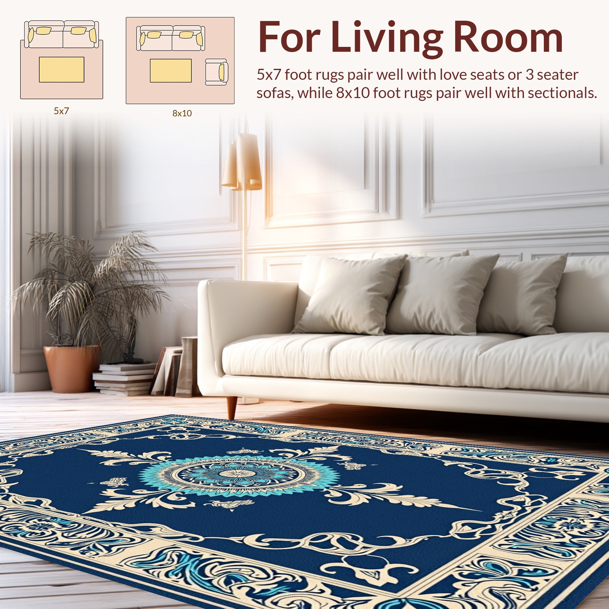 Floral Medallion Bordered Deep Blue Design Rug