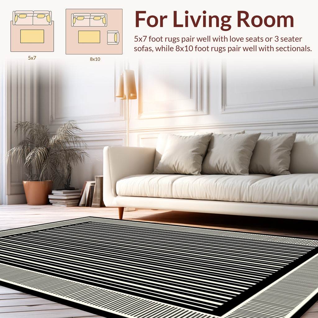 Bold Black White Stripe Design Rug