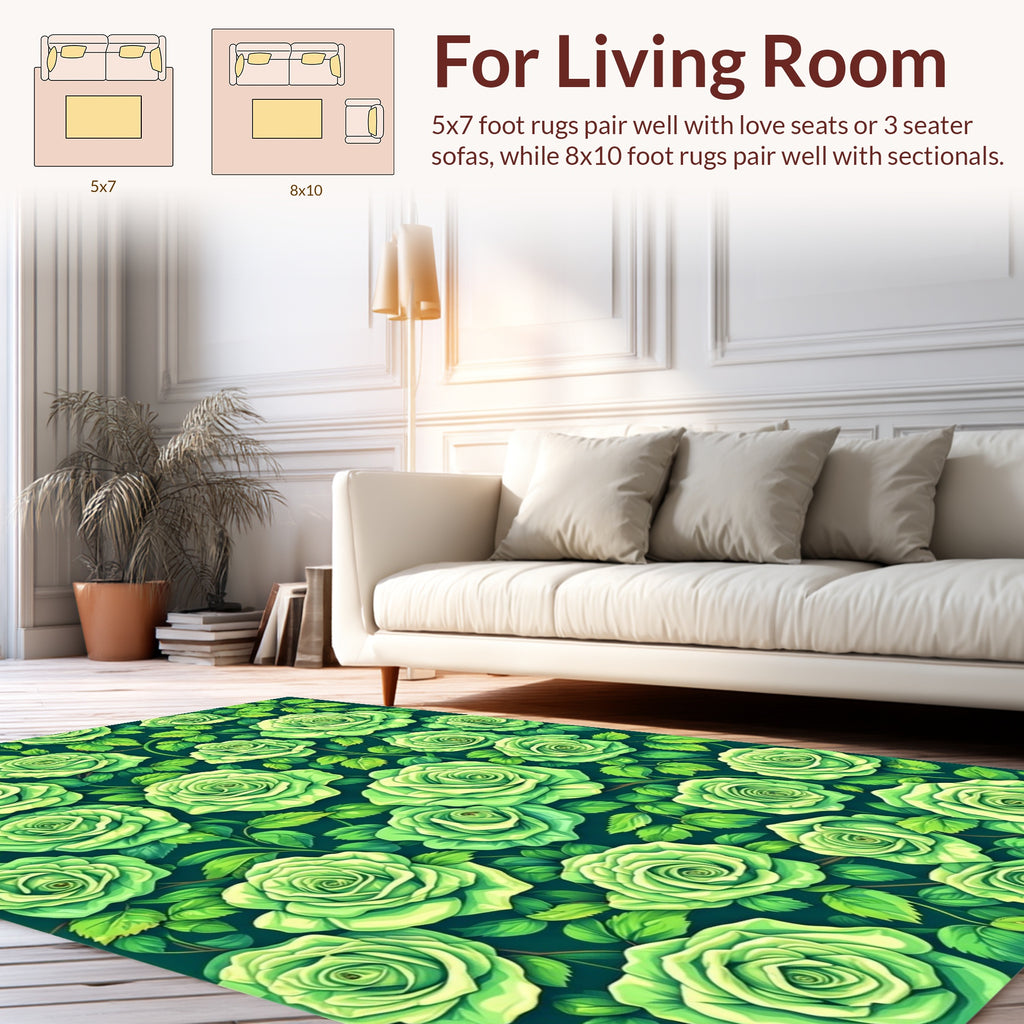 Lush Green Rose Floral Pattern Rug