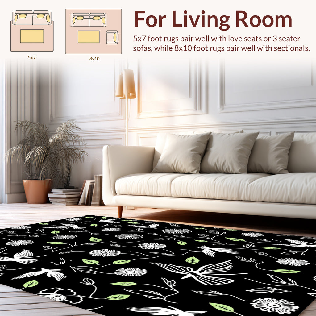 Whimsical Bird Flower Silhouette Pattern Rug