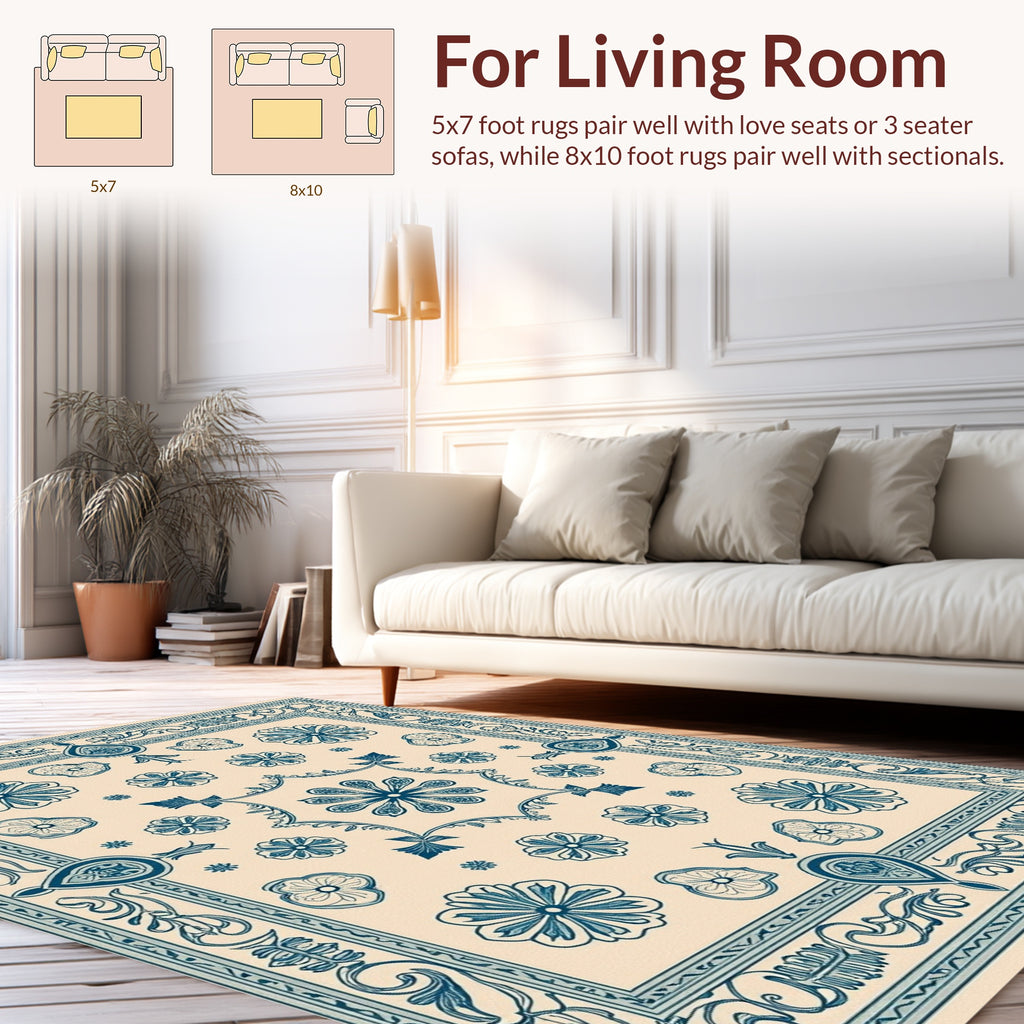 Classic Blue Floral Square Pattern Rug