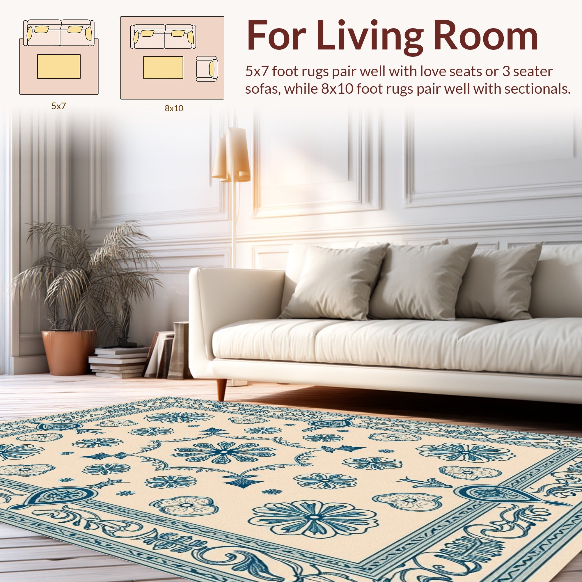 Classic Blue Floral Square Pattern Rug