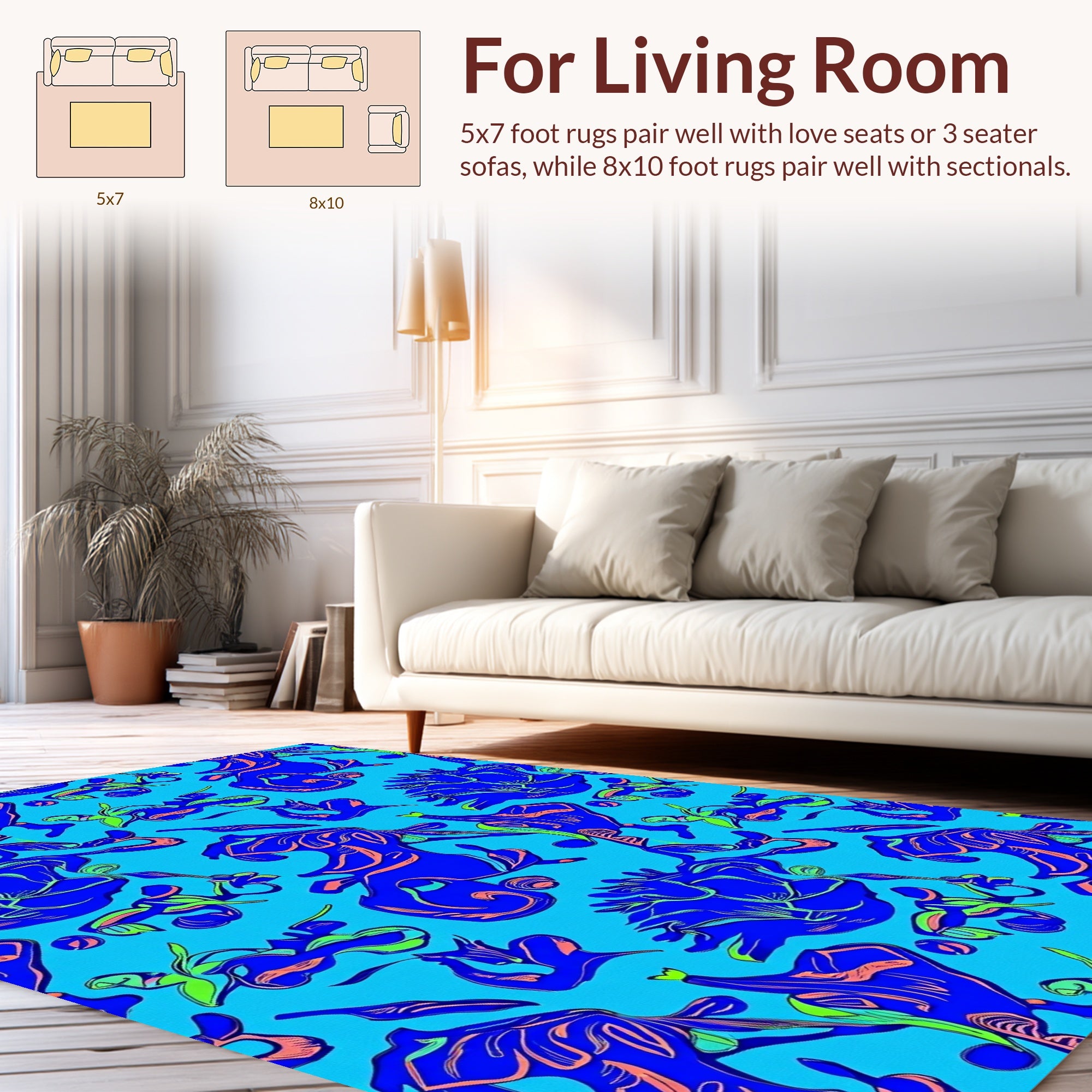 Abstract Blue Floral Swirls Line Art Rug