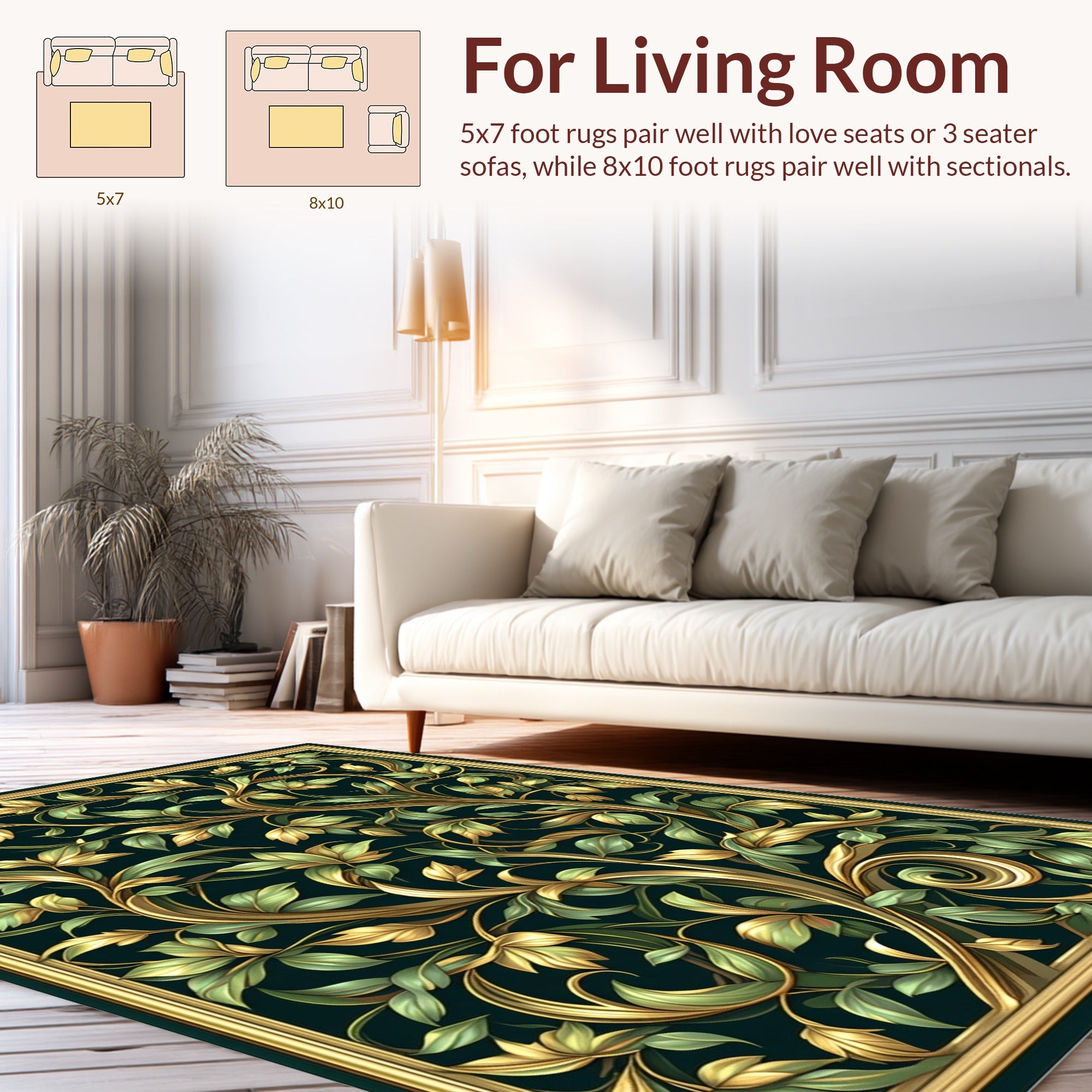 Opulent Gold Green Scroll Vine Rug