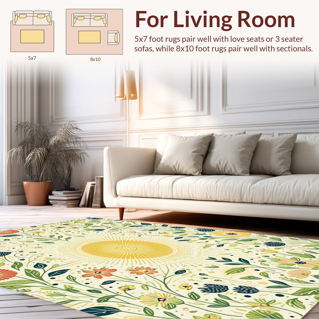 Whimsical Sun And Floral Meadow Print Rug