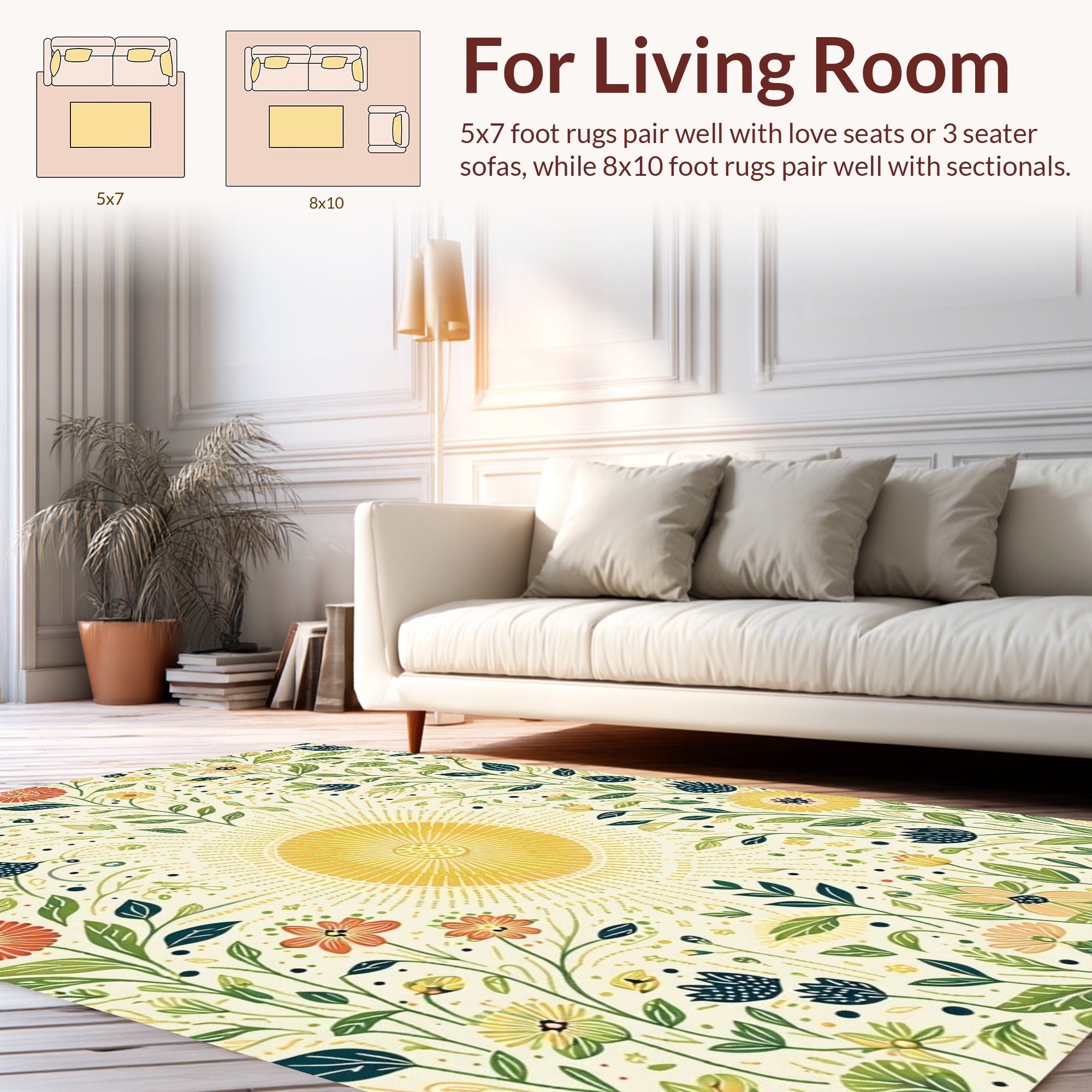 Whimsical Sun And Floral Meadow Print Rug