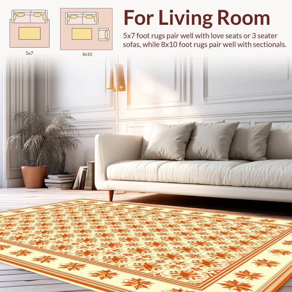 Orange Flower Patterned Rustic Rug