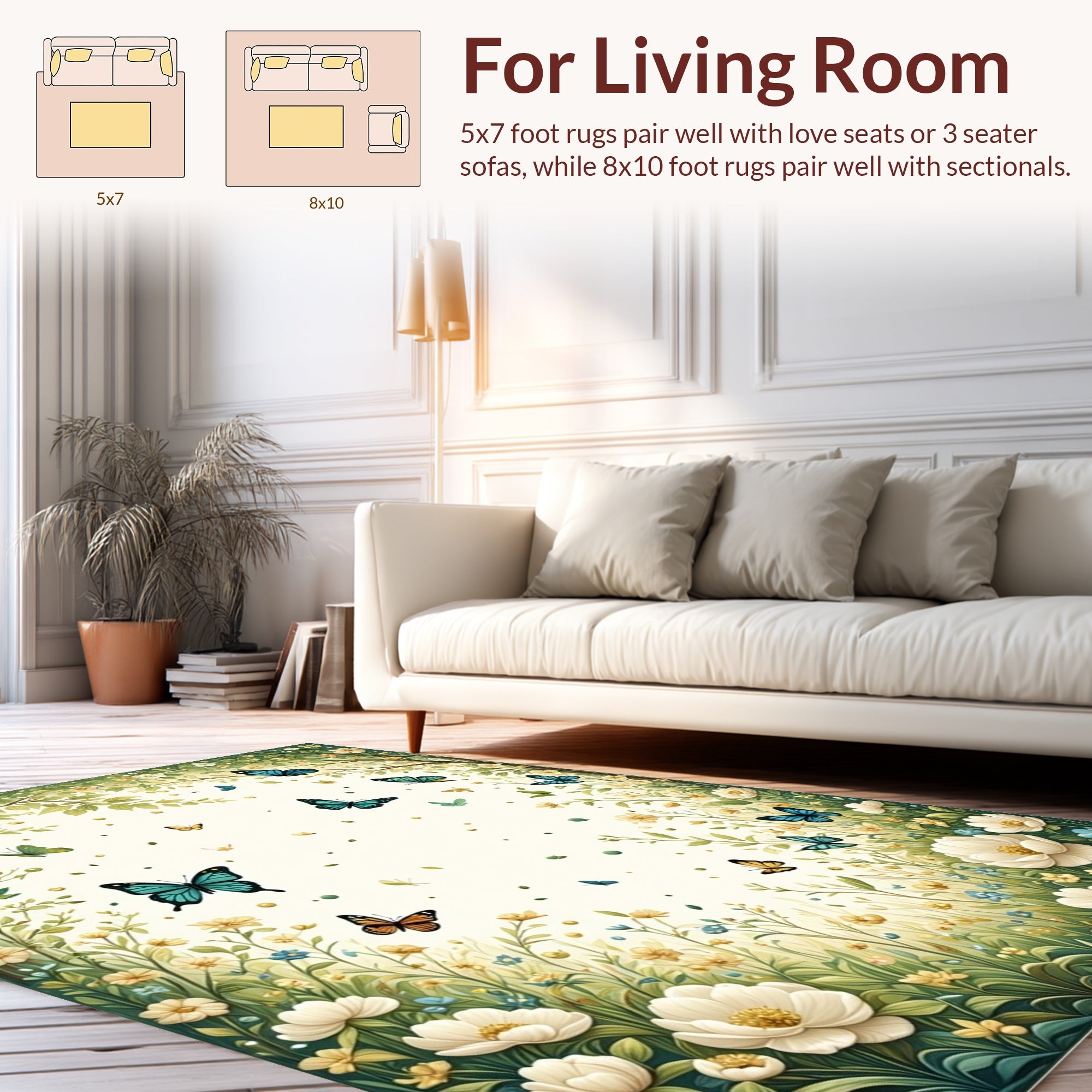 Whimsical Butterflies Floral Meadow Design Rug
