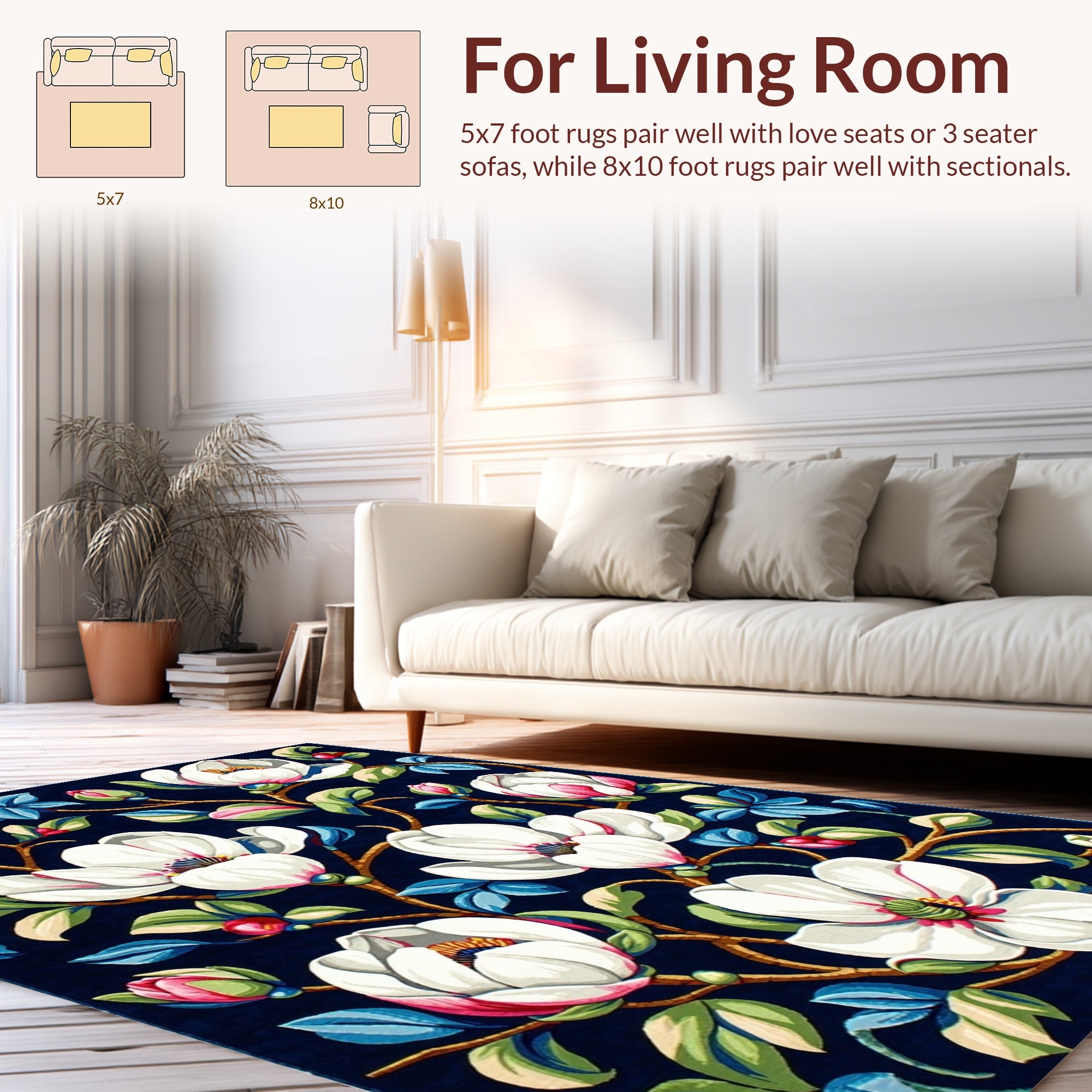 Magnolia Floral Patterned Dark Blue Rug