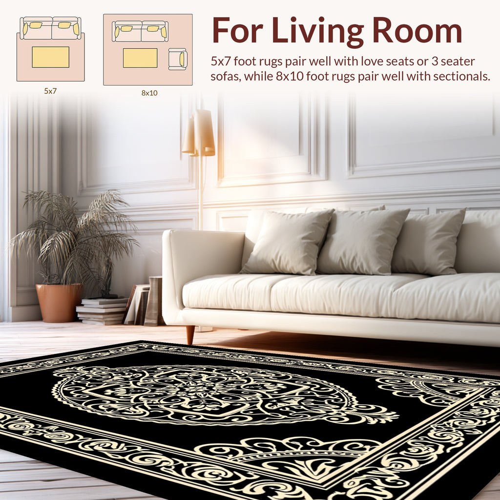 Intricate Black Cream Mandala Pattern Rug