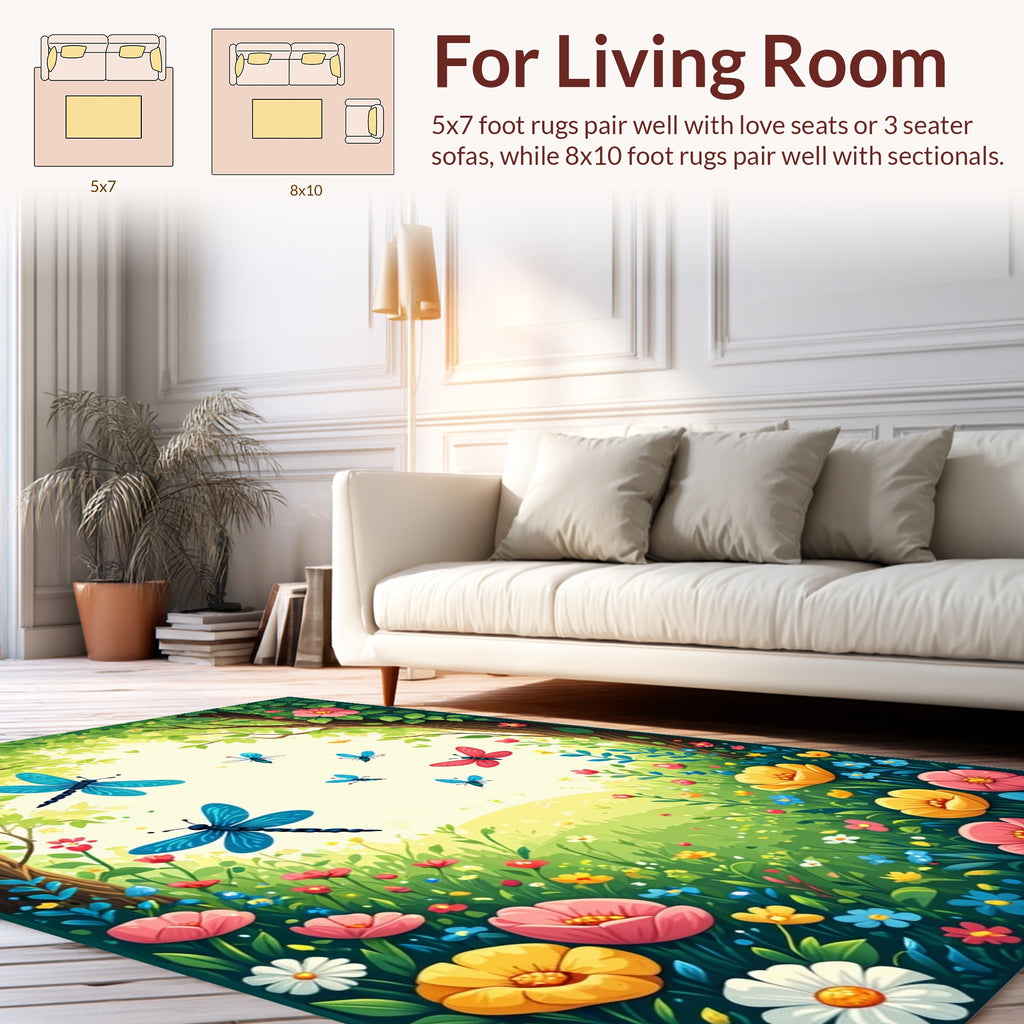 Whimsical Dragonflies Flower Meadow Design Rug
