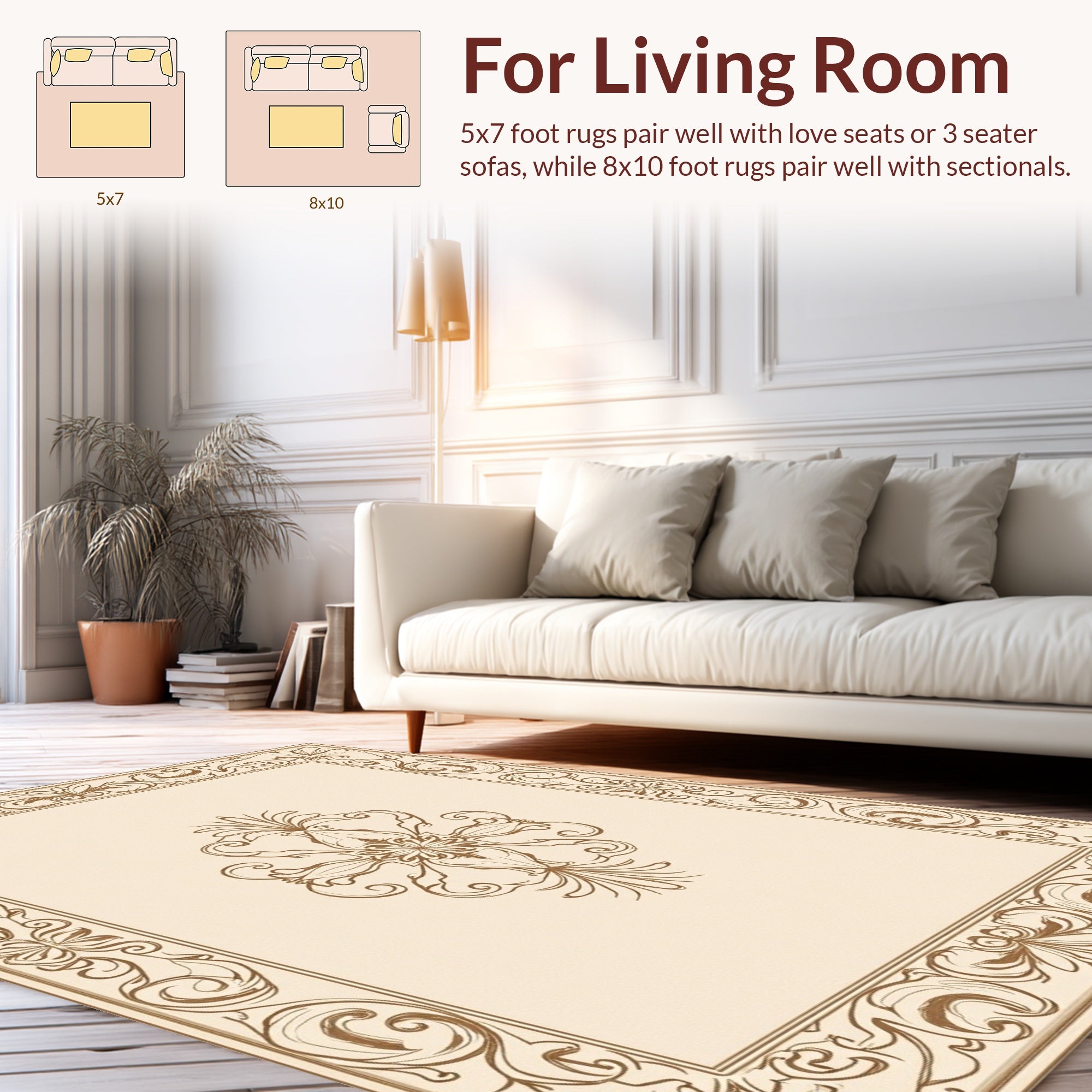 Elegant Floral Scrollwork Beige Rug
