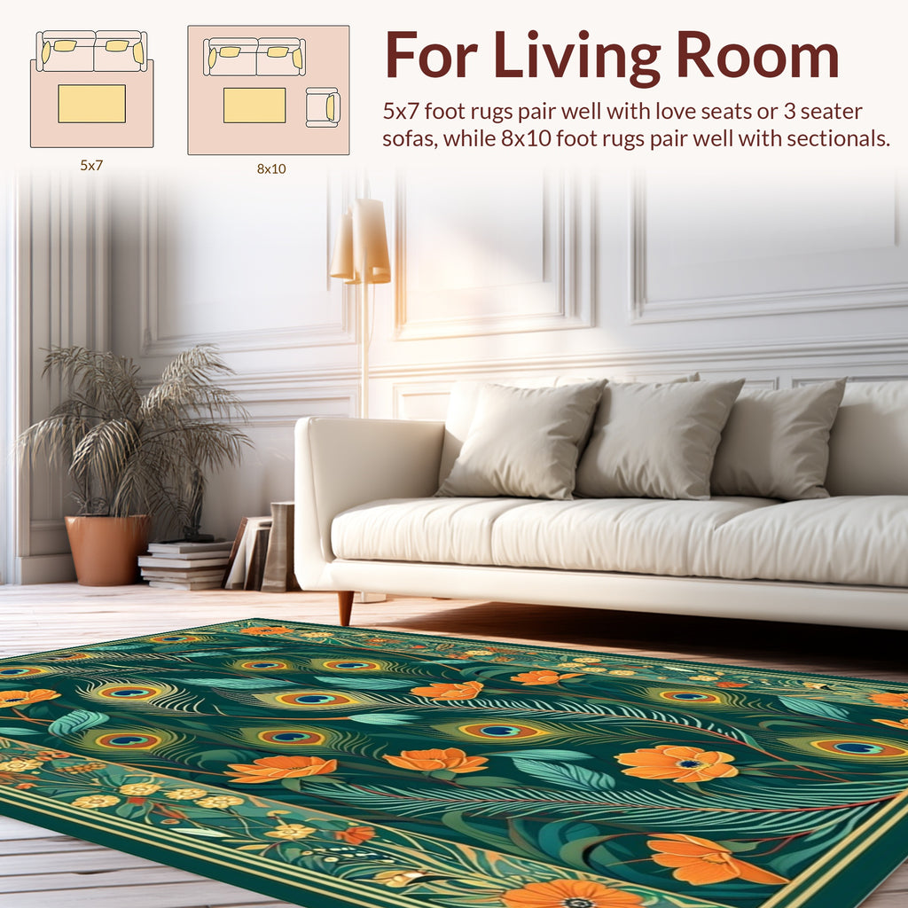 Emerald Green Peacock Feather Floral Rug