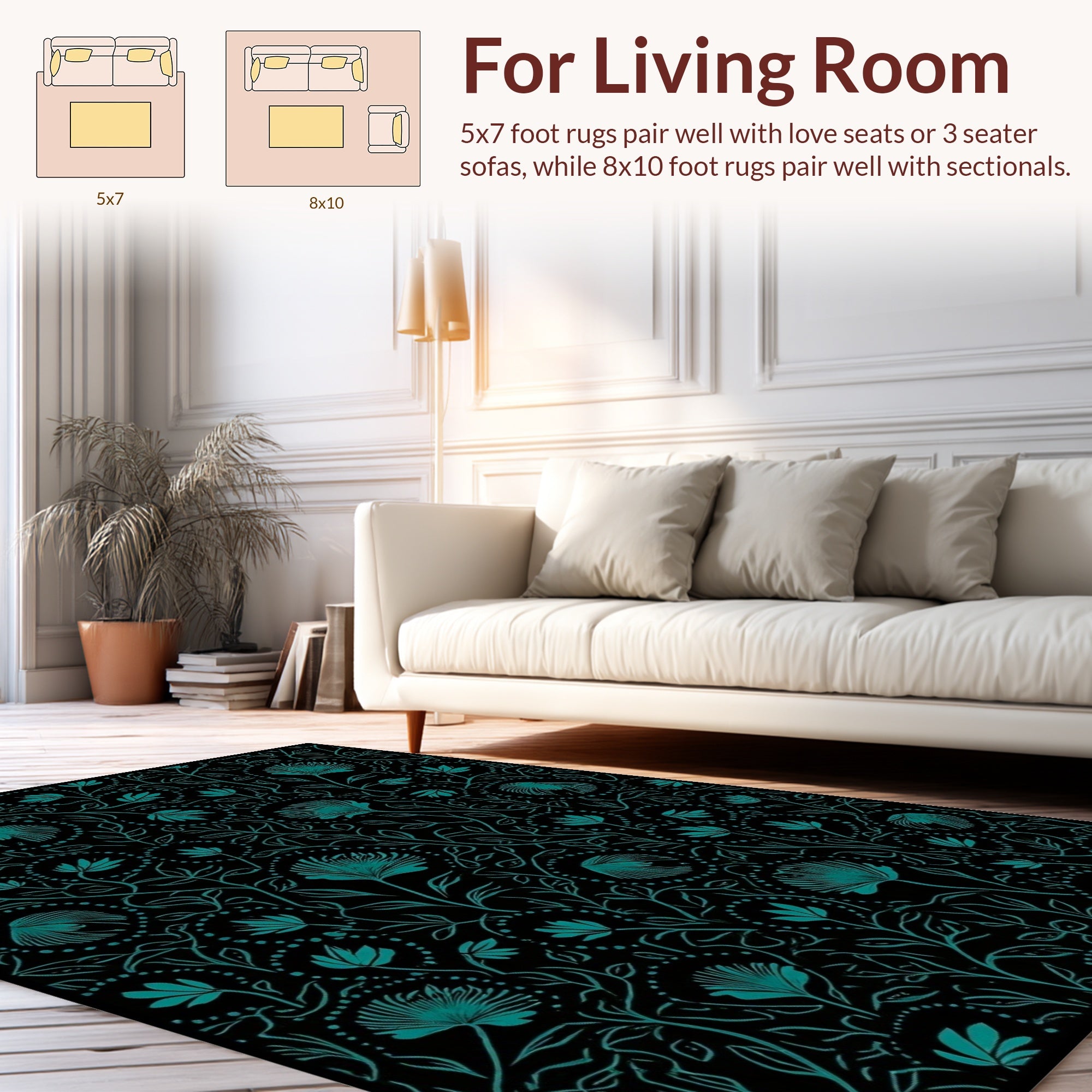 Teal Floral Vine Pattern Rug