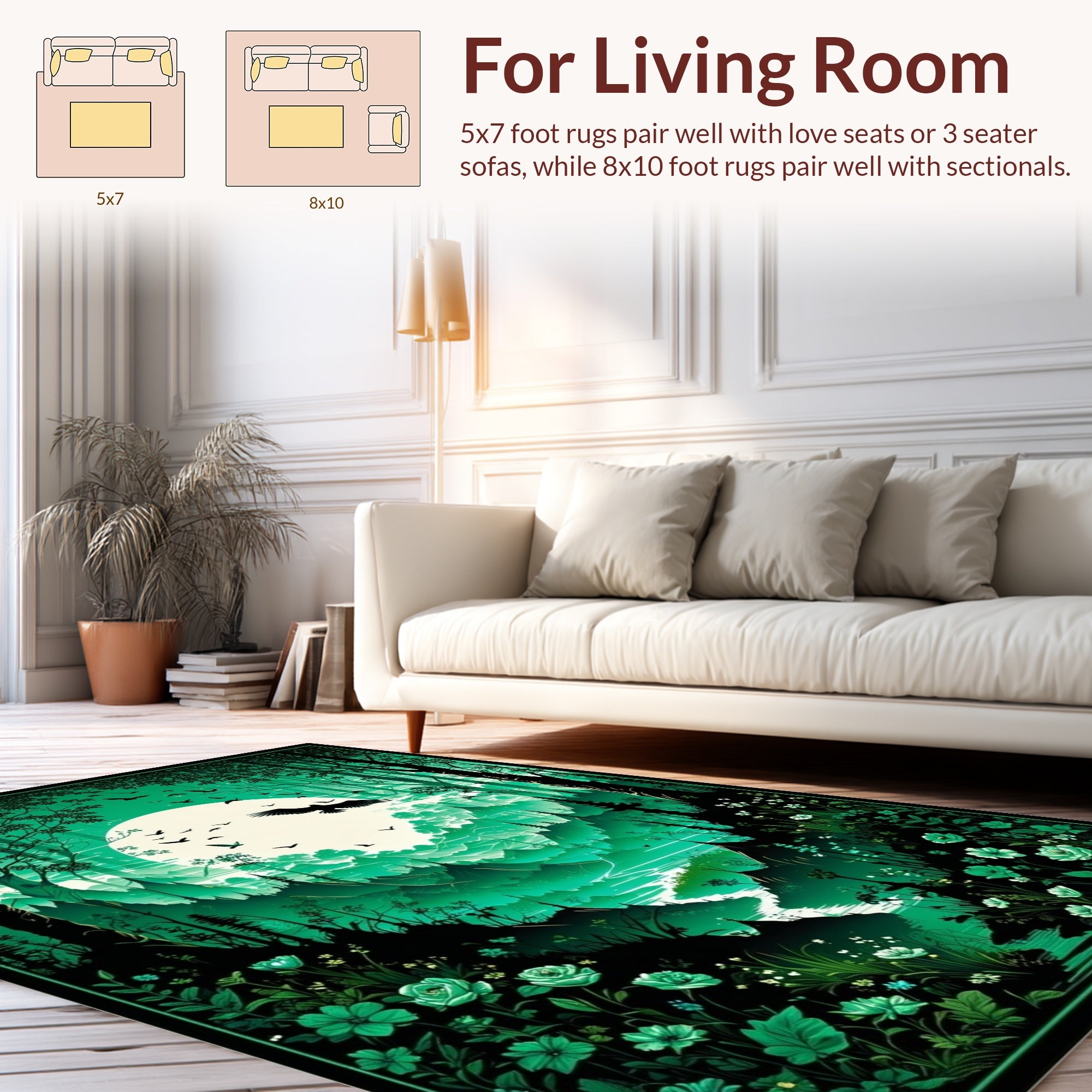 Emerald Forest Moonlit Bird Flock Design Rug