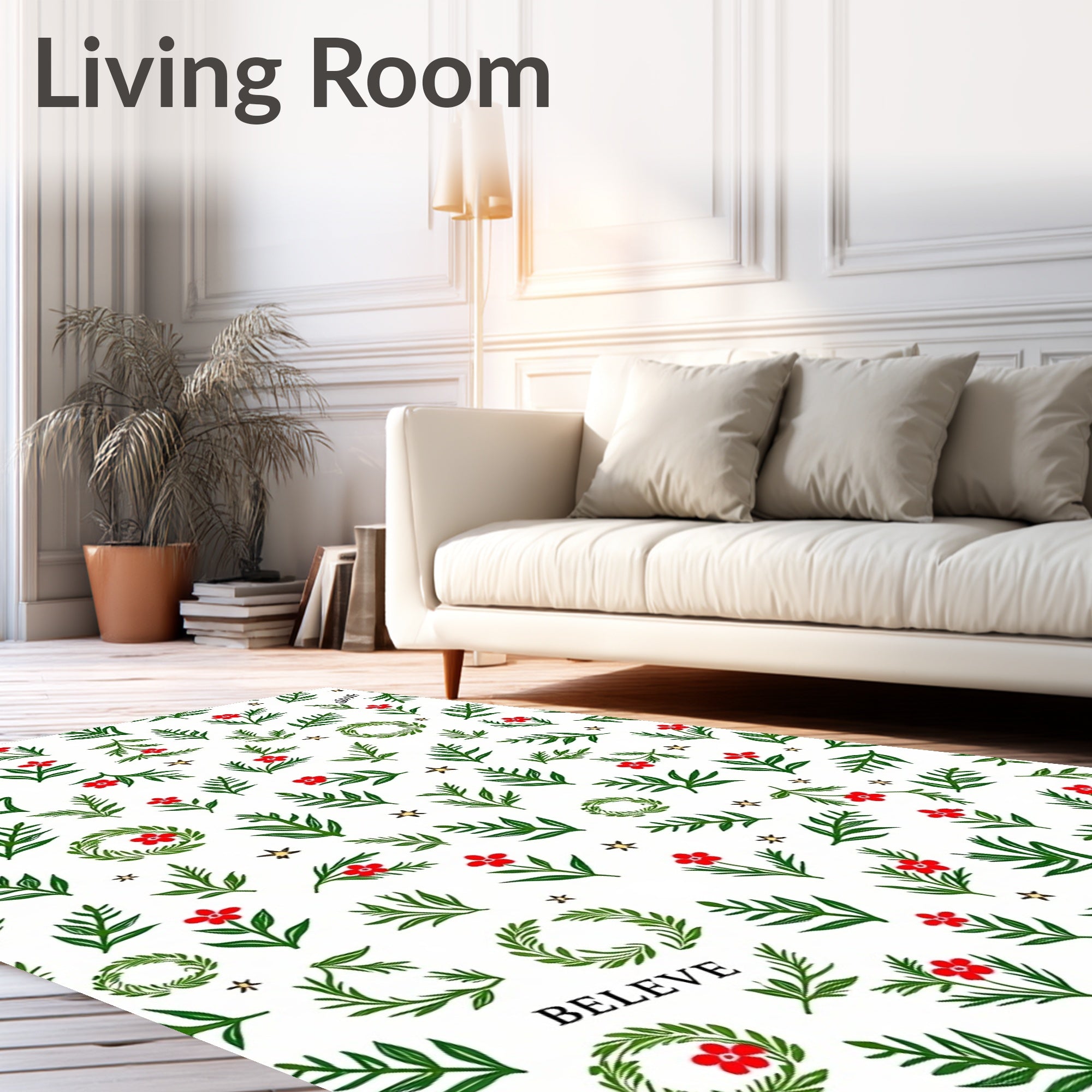 Whimsical Red Floral Green Leaf Garland Rug