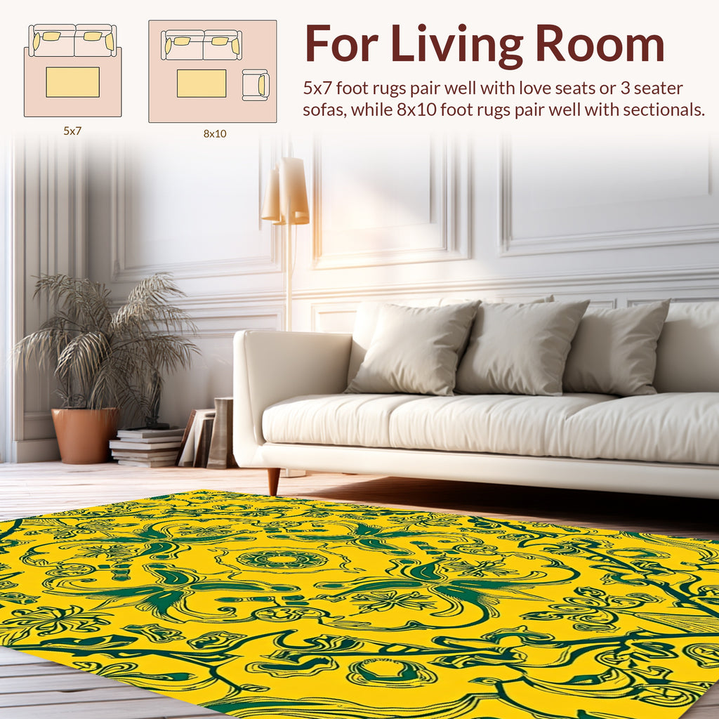 Yellow Green Floral Damask Pattern Rug