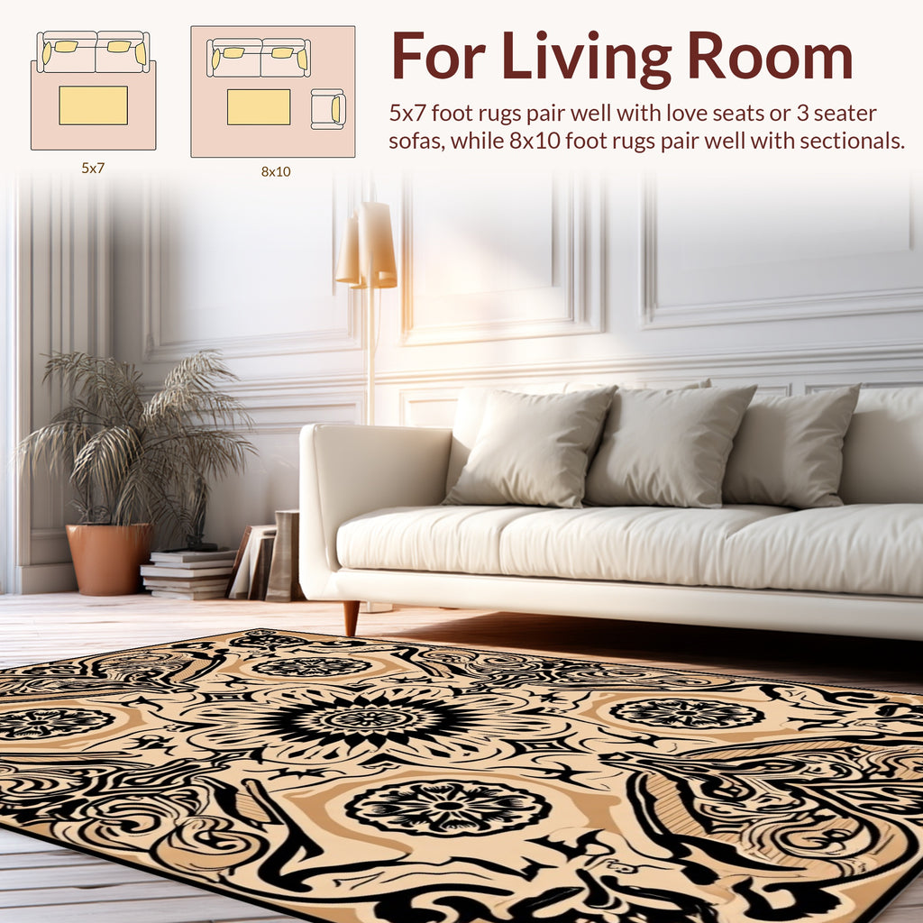 Black Beige Ornate Floral Pattern Rug