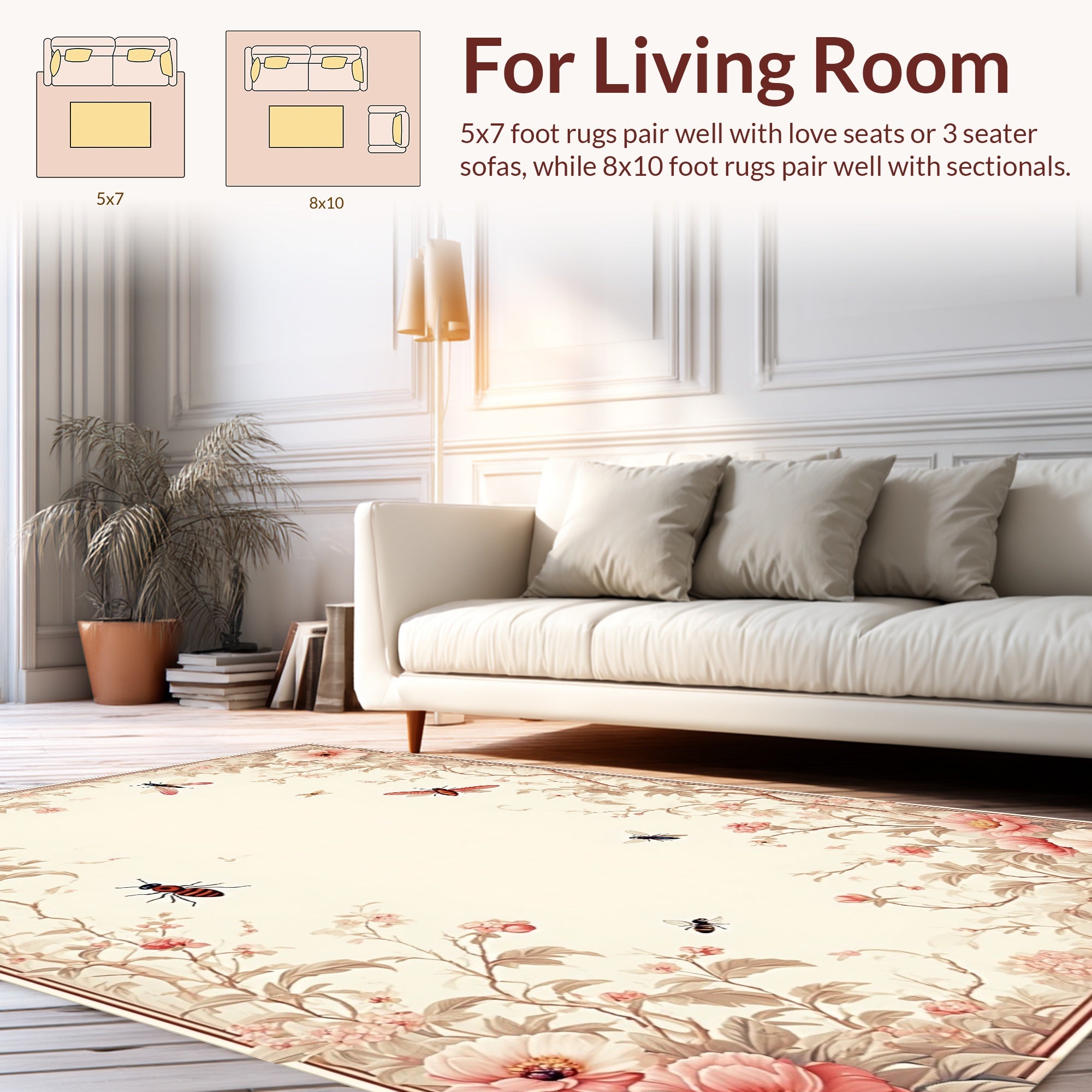 Floral Insect Pattern Cream Rug
