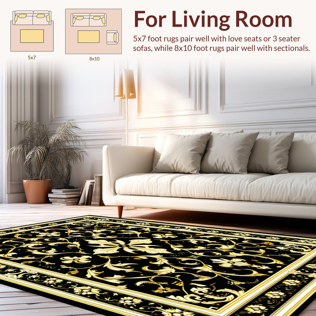 Regal Black Gold Floral Pattern Rug