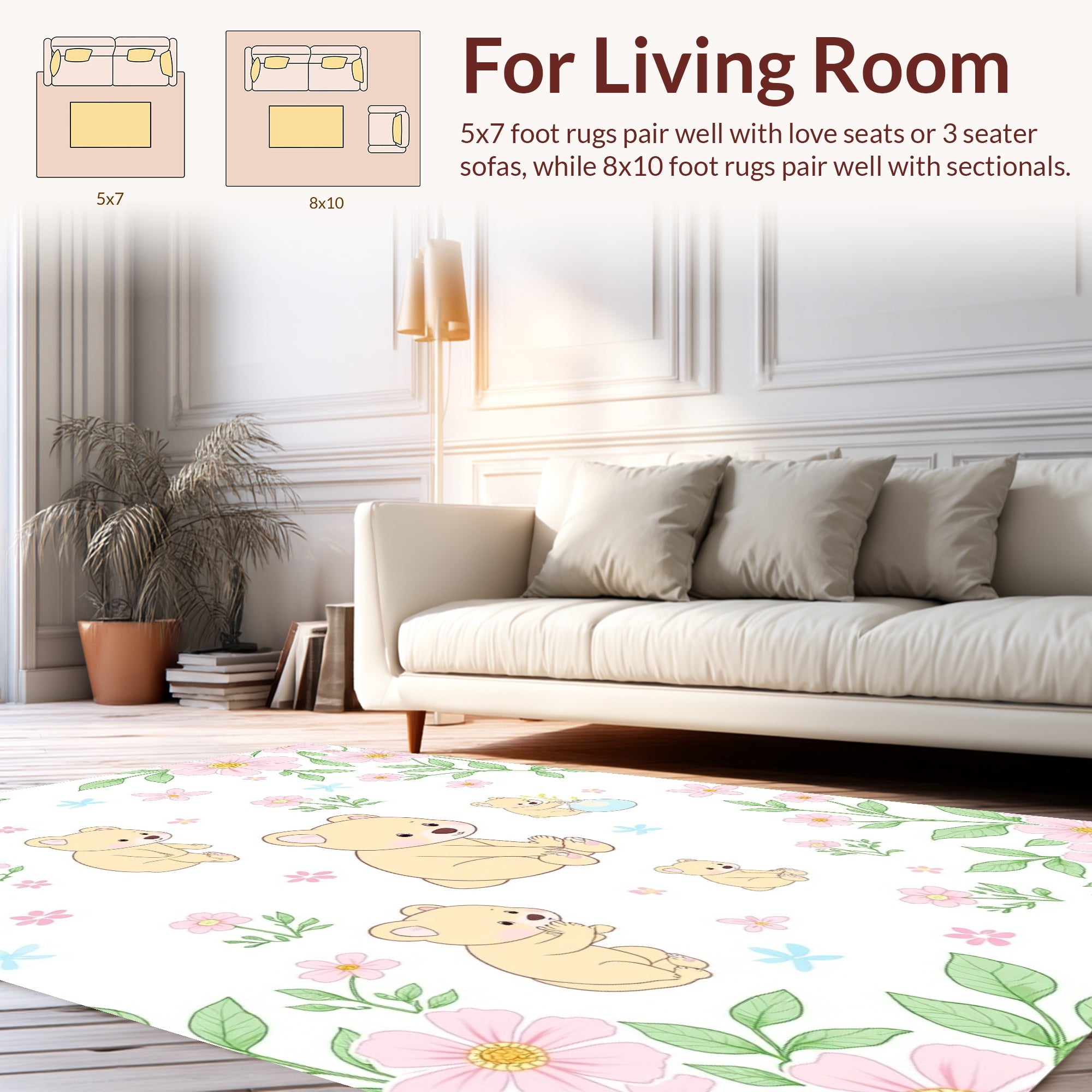 Whimsical Bear Floral Pattern Rug
